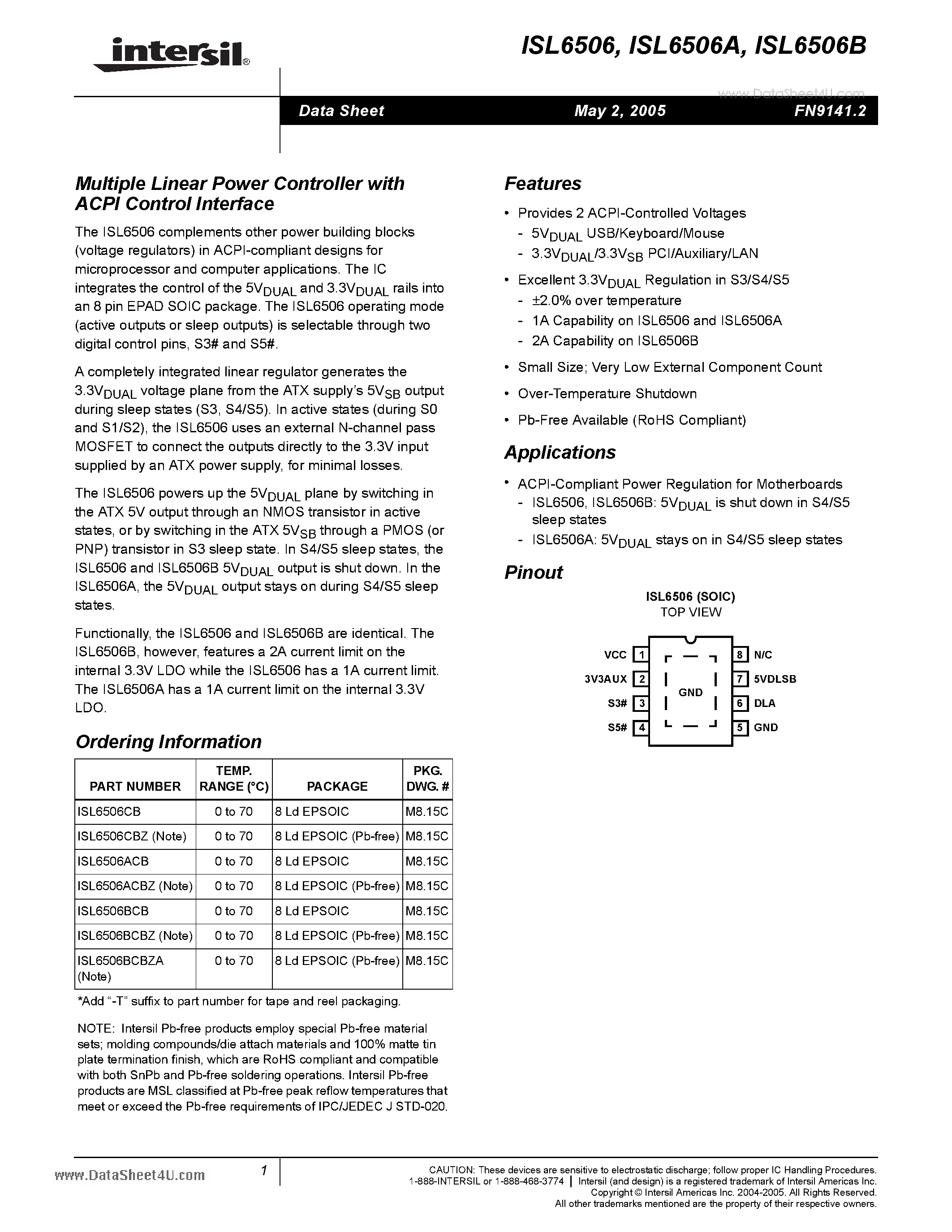 Datasheet ISL6506 - Multiple Linear Power Controller page 1