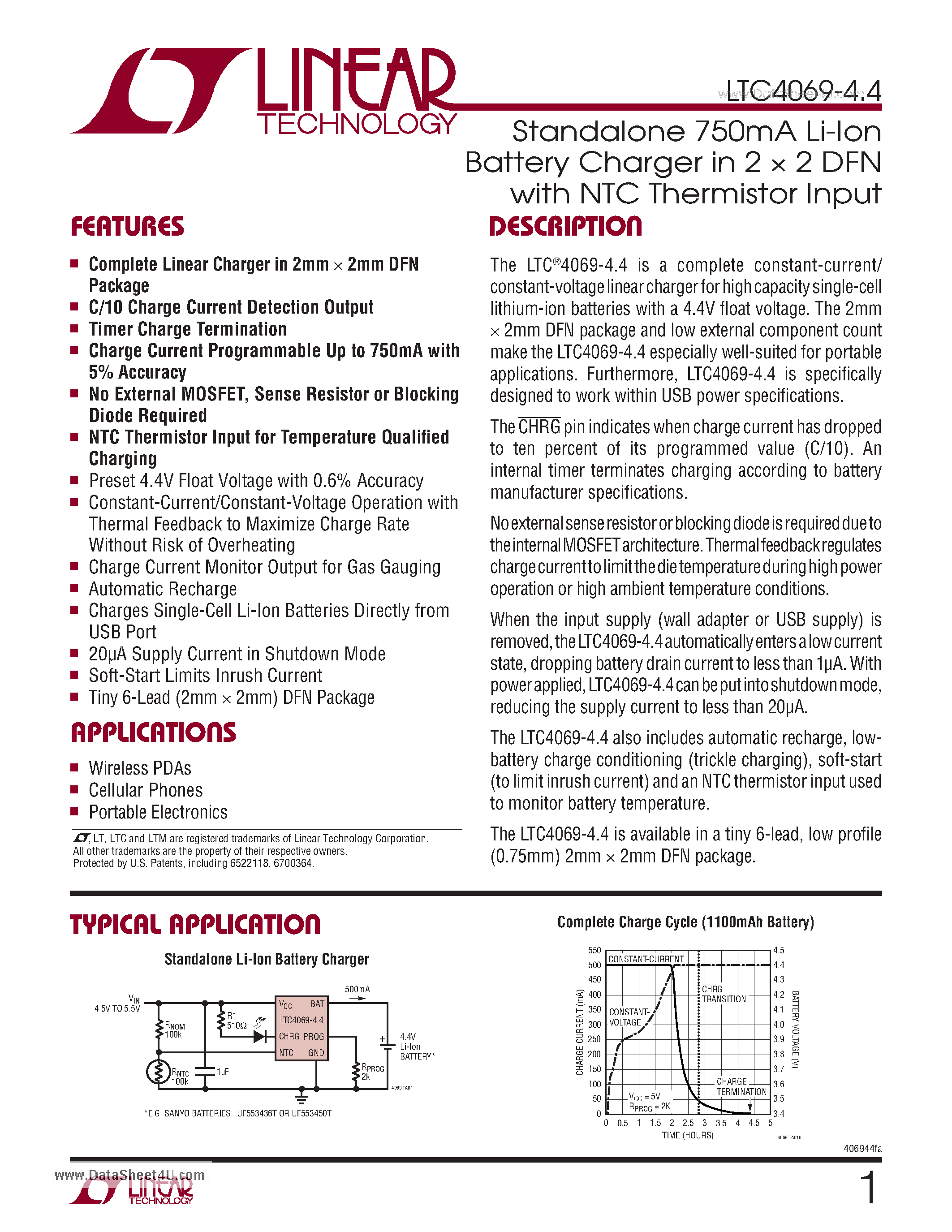 Datasheet LTC4069-4.4 - Standalone 750mA Li-Ion Battery Charger in 2 x 2 DFN page 1