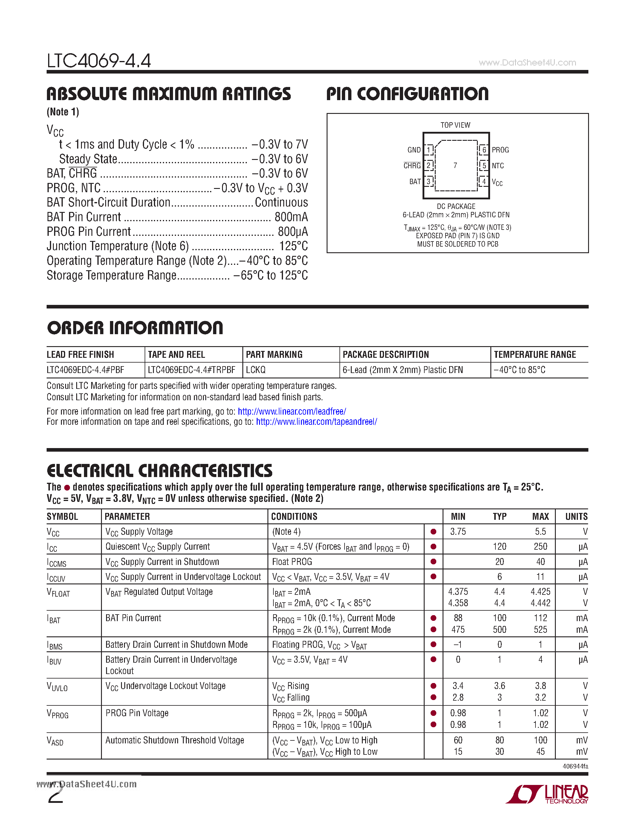 Datasheet LTC4069-4.4 - Standalone 750mA Li-Ion Battery Charger in 2 x 2 DFN page 2