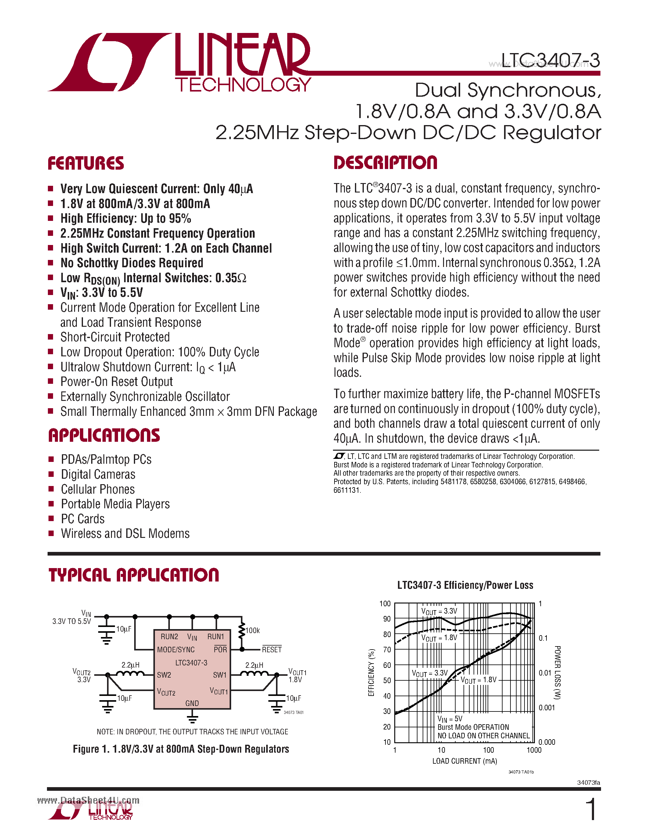 Даташит LTC3407-3 - Dual Synchronous 1.8V/0.8A and 3.3V/0.8A 2.25MHz Step-Down DC/DC Regulator страница 1