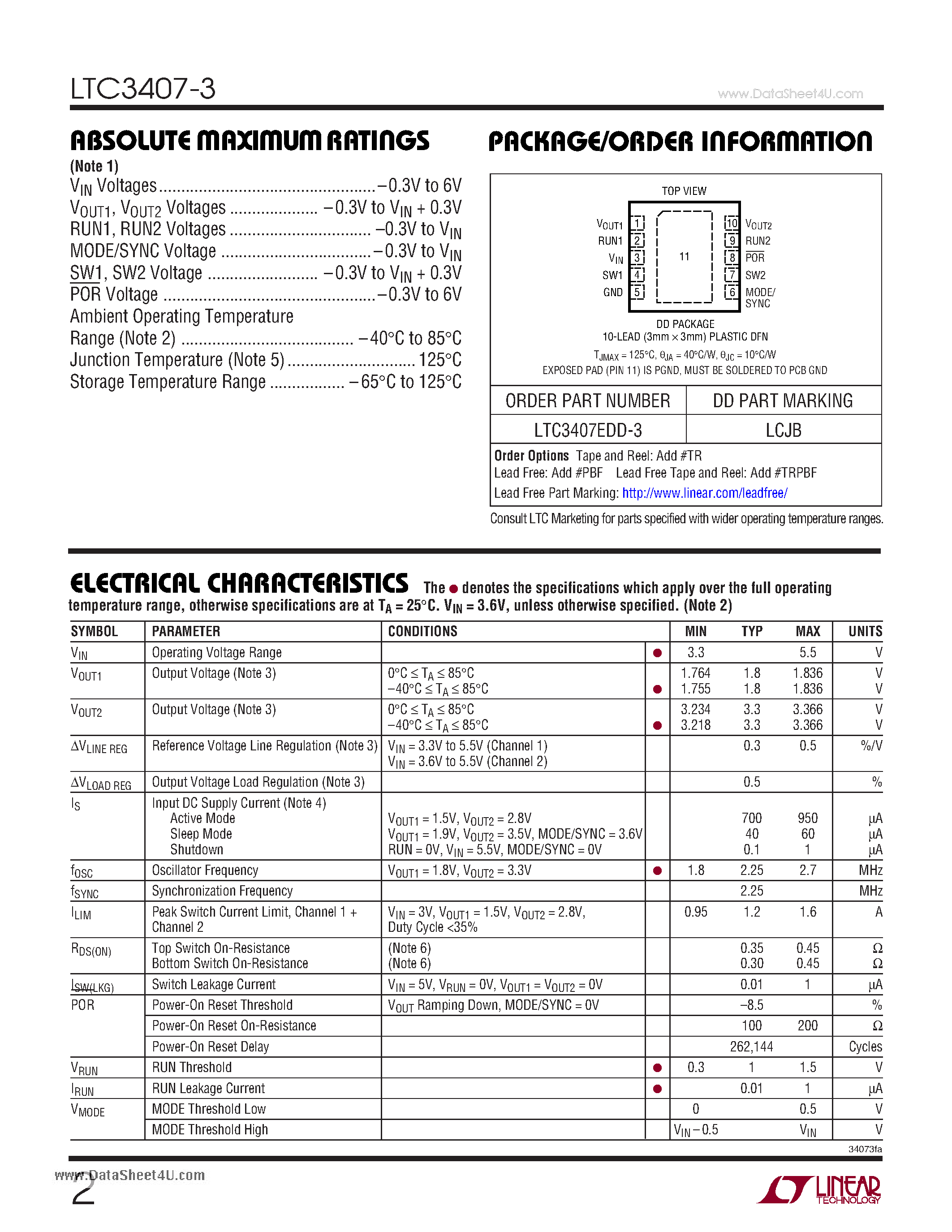 Даташит LTC3407-3 - Dual Synchronous 1.8V/0.8A and 3.3V/0.8A 2.25MHz Step-Down DC/DC Regulator страница 2