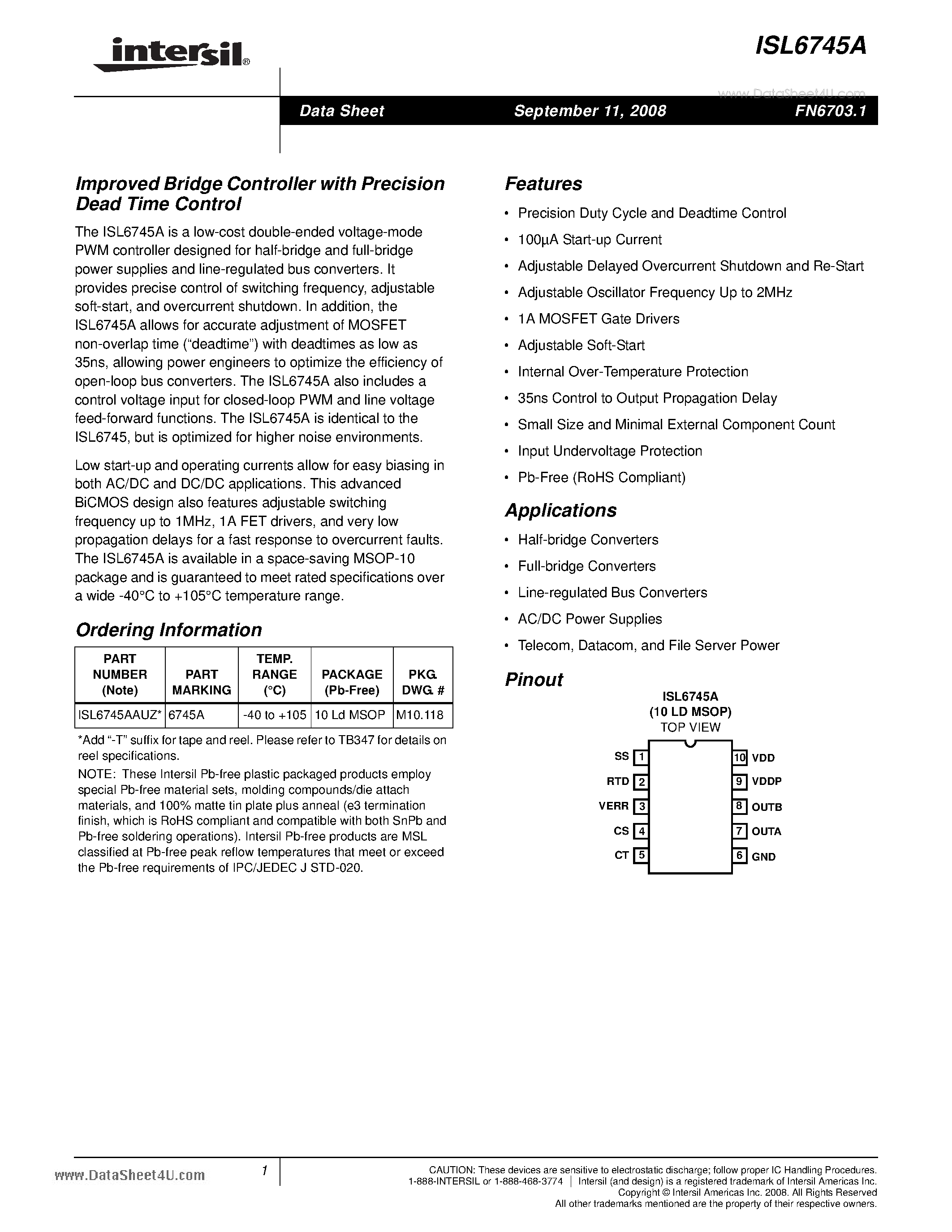 Datasheet ISL6745A - Improved Bridge Controller page 1