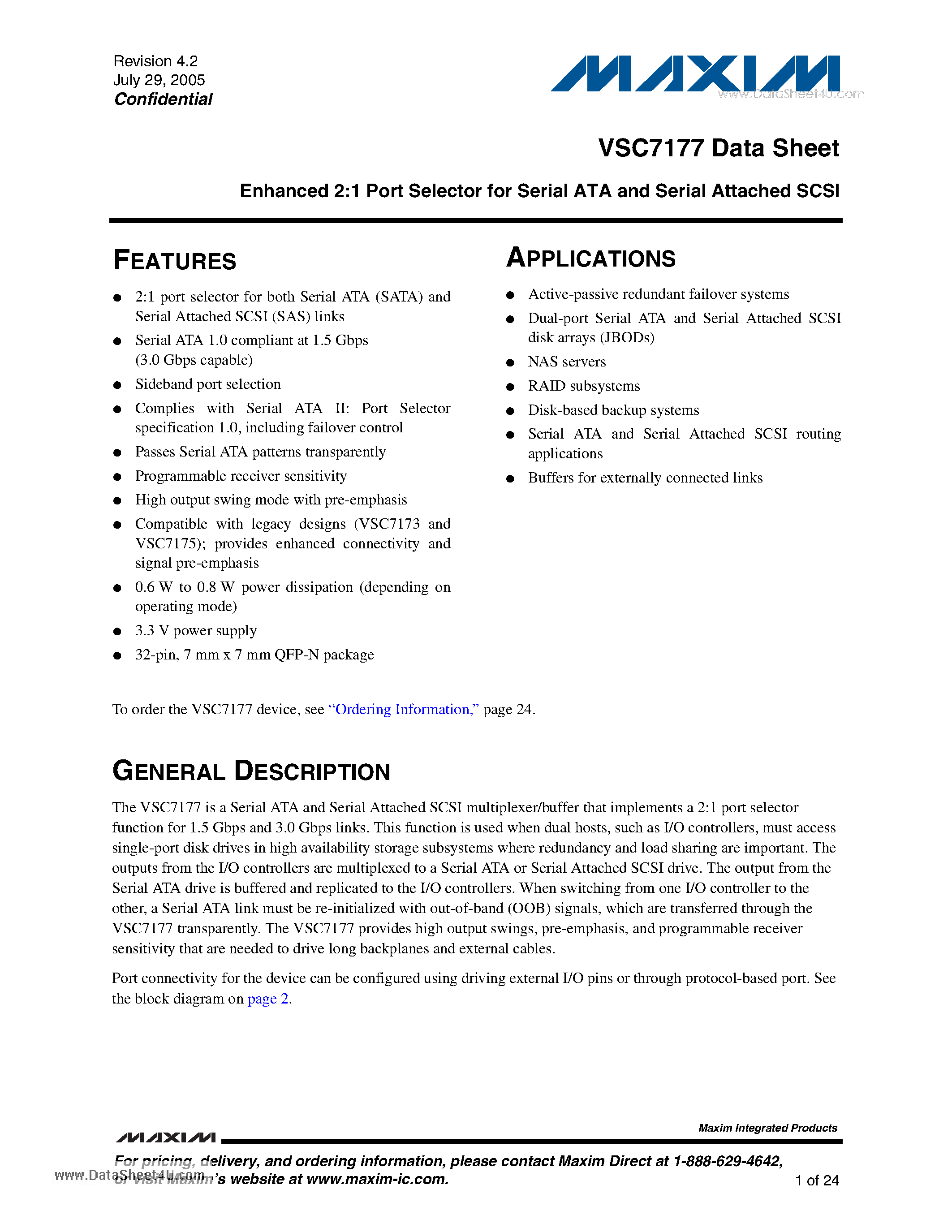 Даташит VSC7177 - Enhanced 2:1 Port Selector страница 1