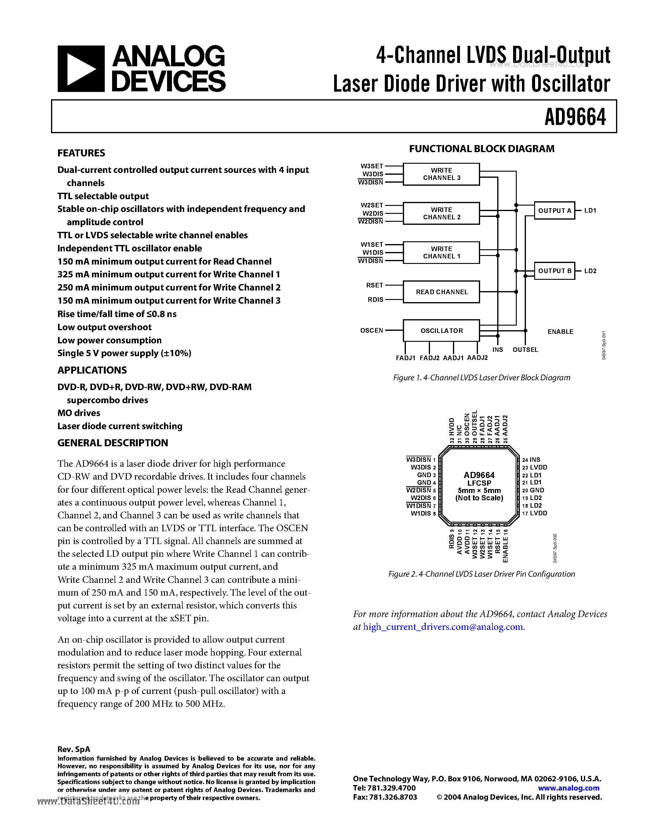 Datasheet AD9664 - 4-Channel LVDS Dual-Output Laser Diode Driver page 1