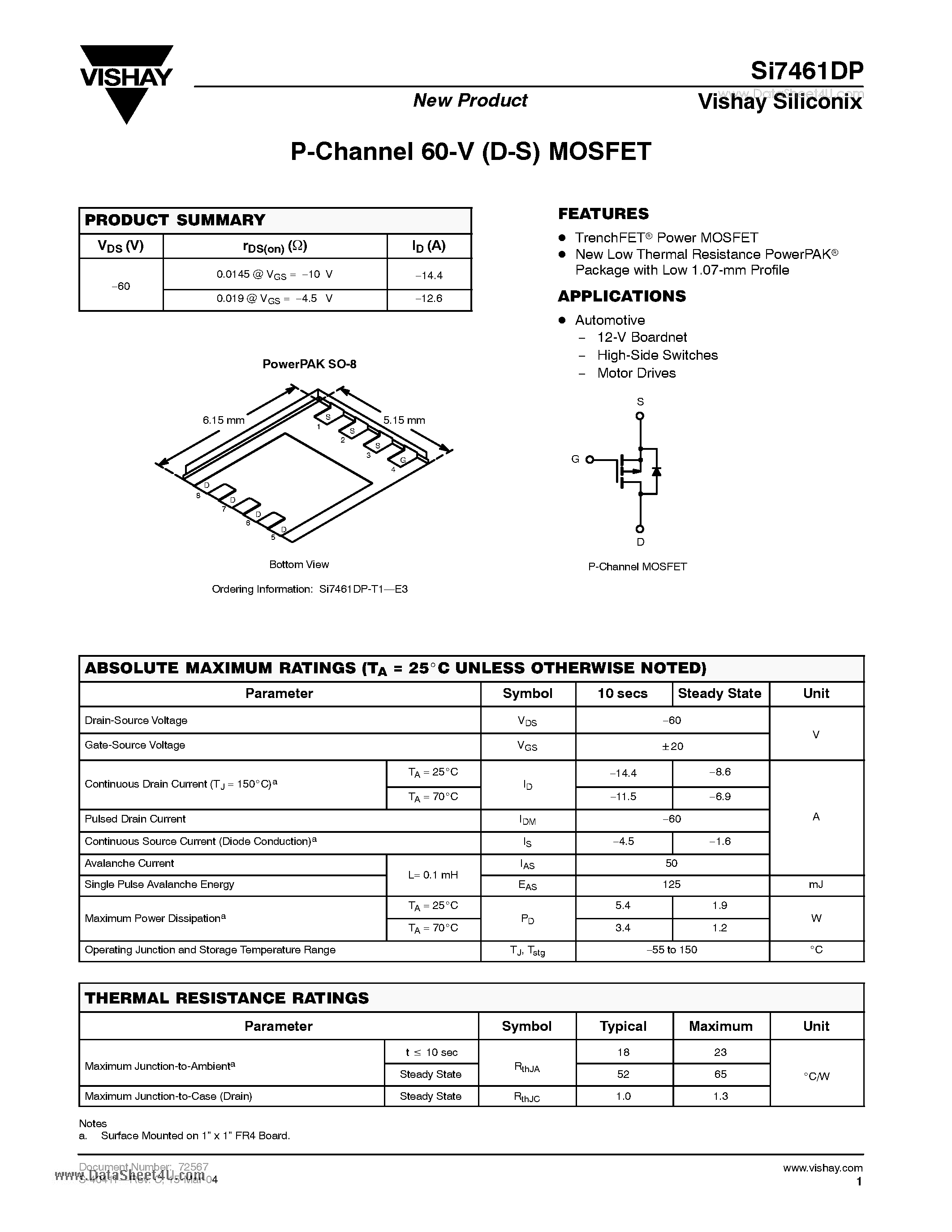 Даташит SI7461DP - P-Channel 60-V (D-S) MOSFET страница 1