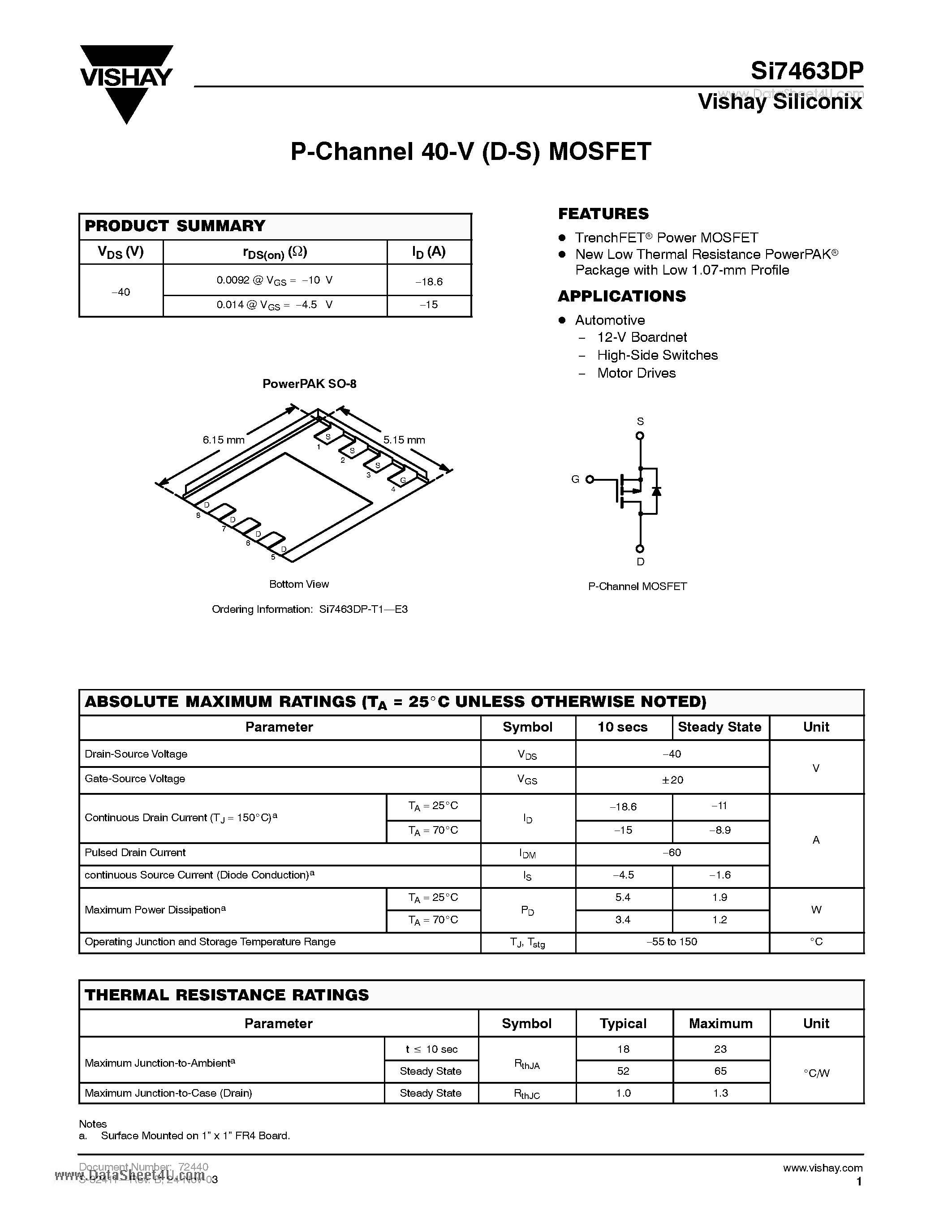 Даташит SI7463DP - P-Channel 40-V (D-S) MOSFET страница 1