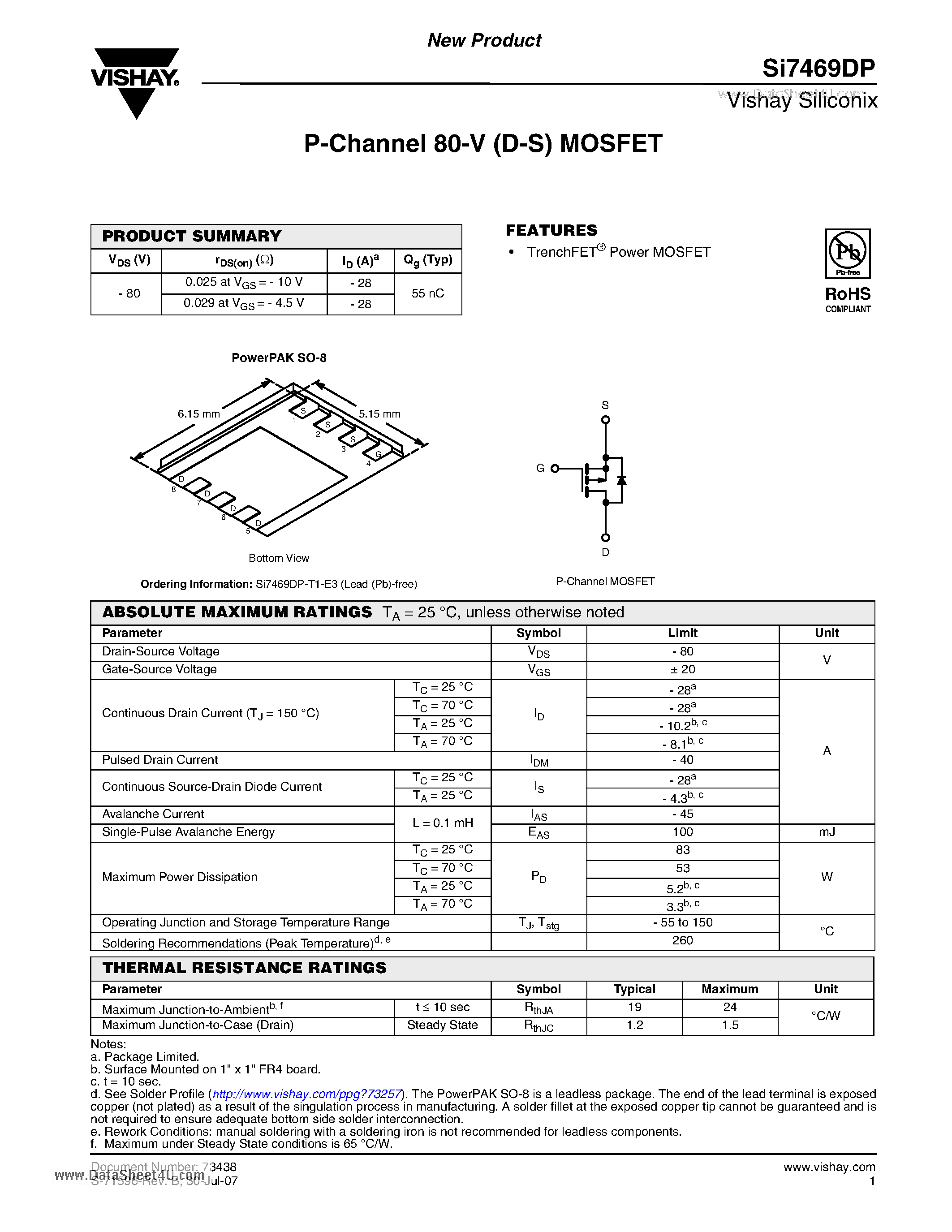 Даташит SI7469DP - P-Channel 80-V (D-S) MOSFET страница 1