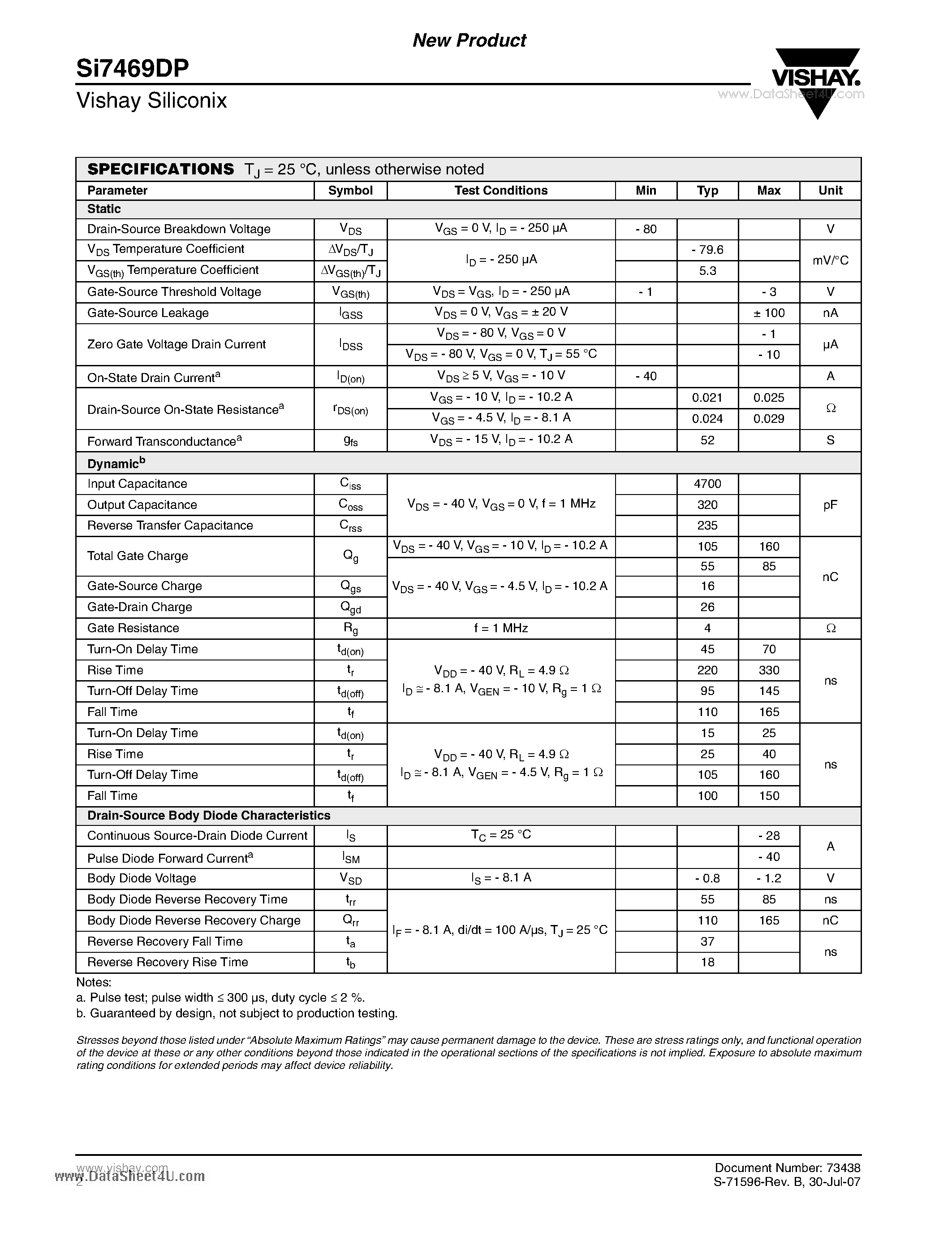 Даташит SI7469DP - P-Channel 80-V (D-S) MOSFET страница 2