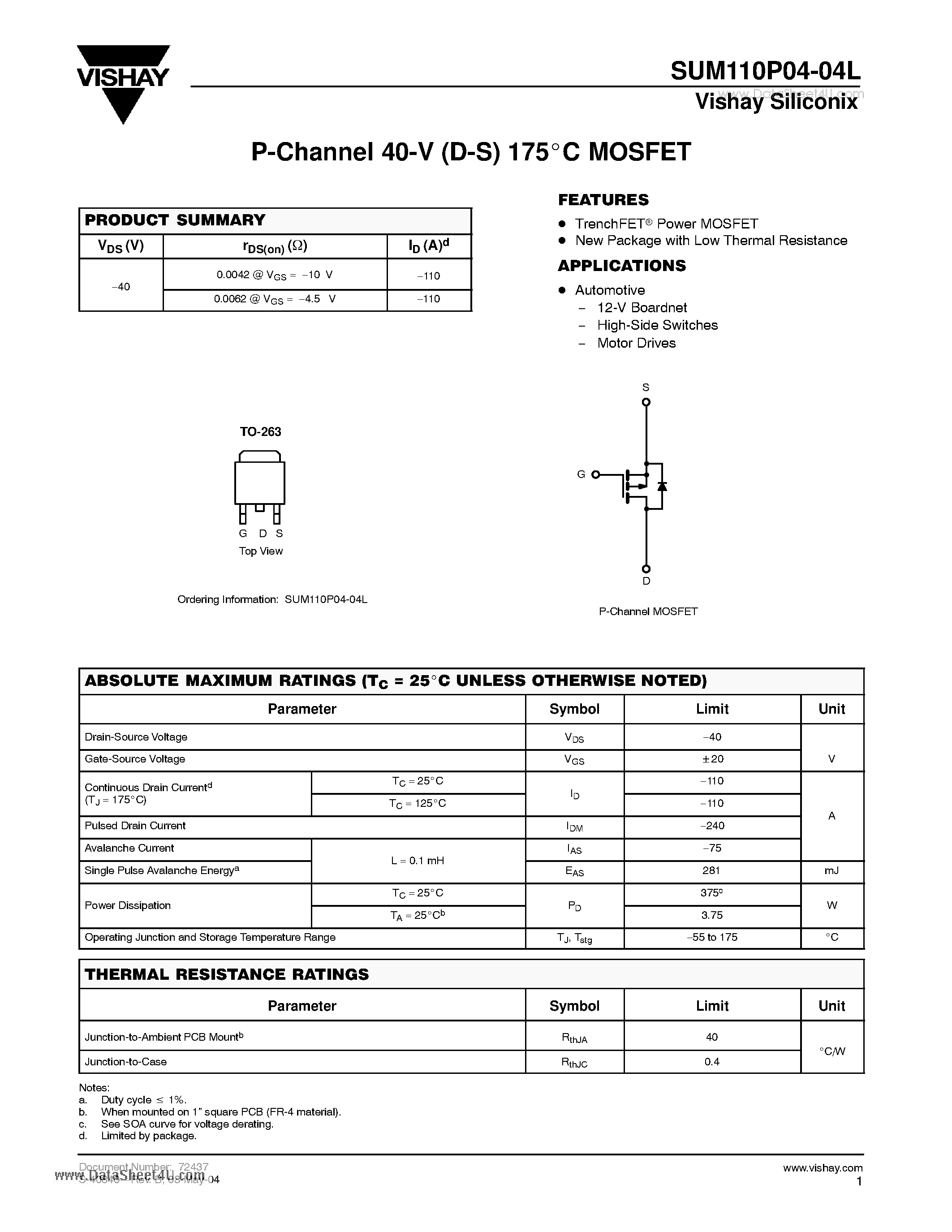 Даташит SUM110P04-04L - P-Channel 40-V (D-S) 175-LC MOSFET страница 1