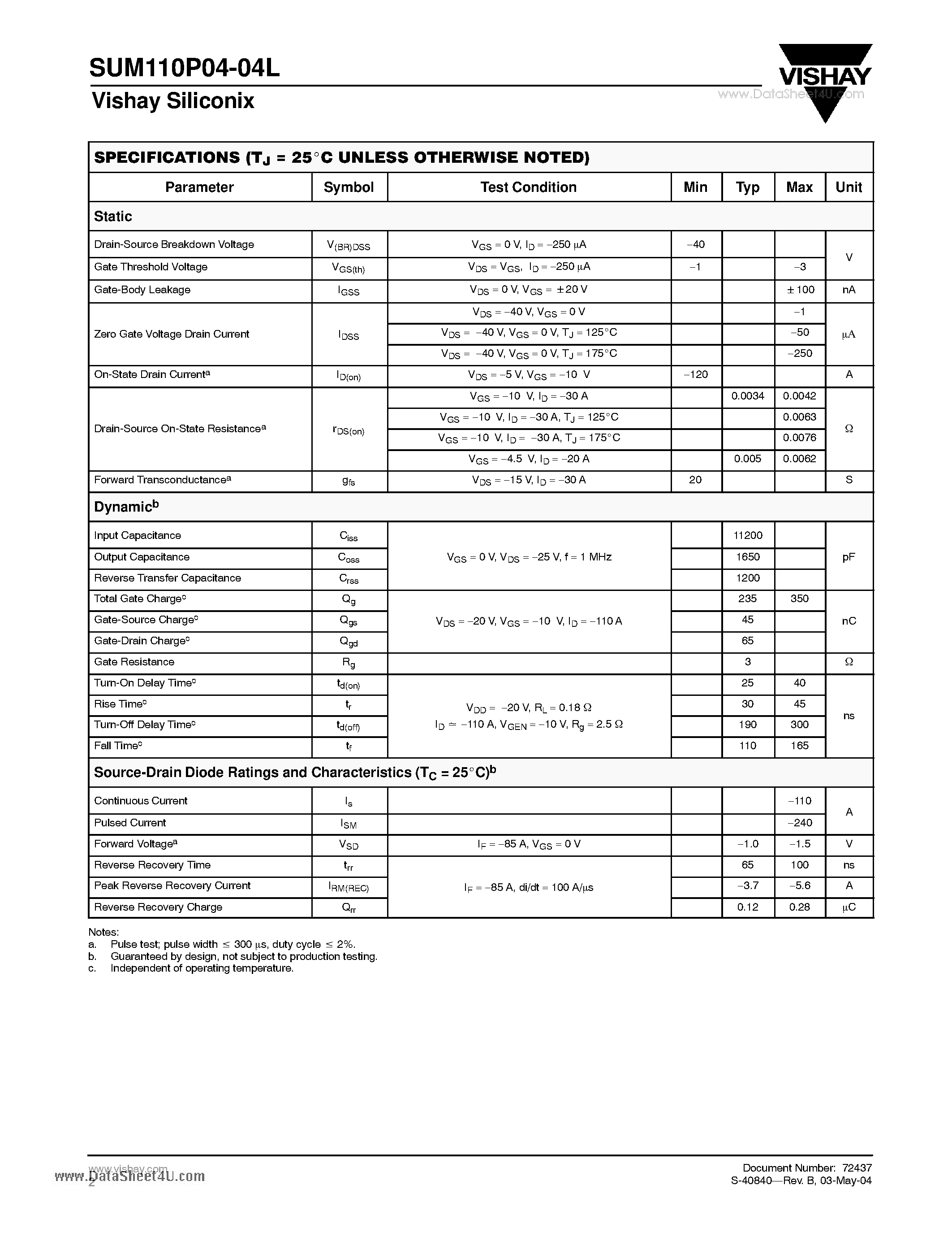 Даташит SUM110P04-04L - P-Channel 40-V (D-S) 175-LC MOSFET страница 2