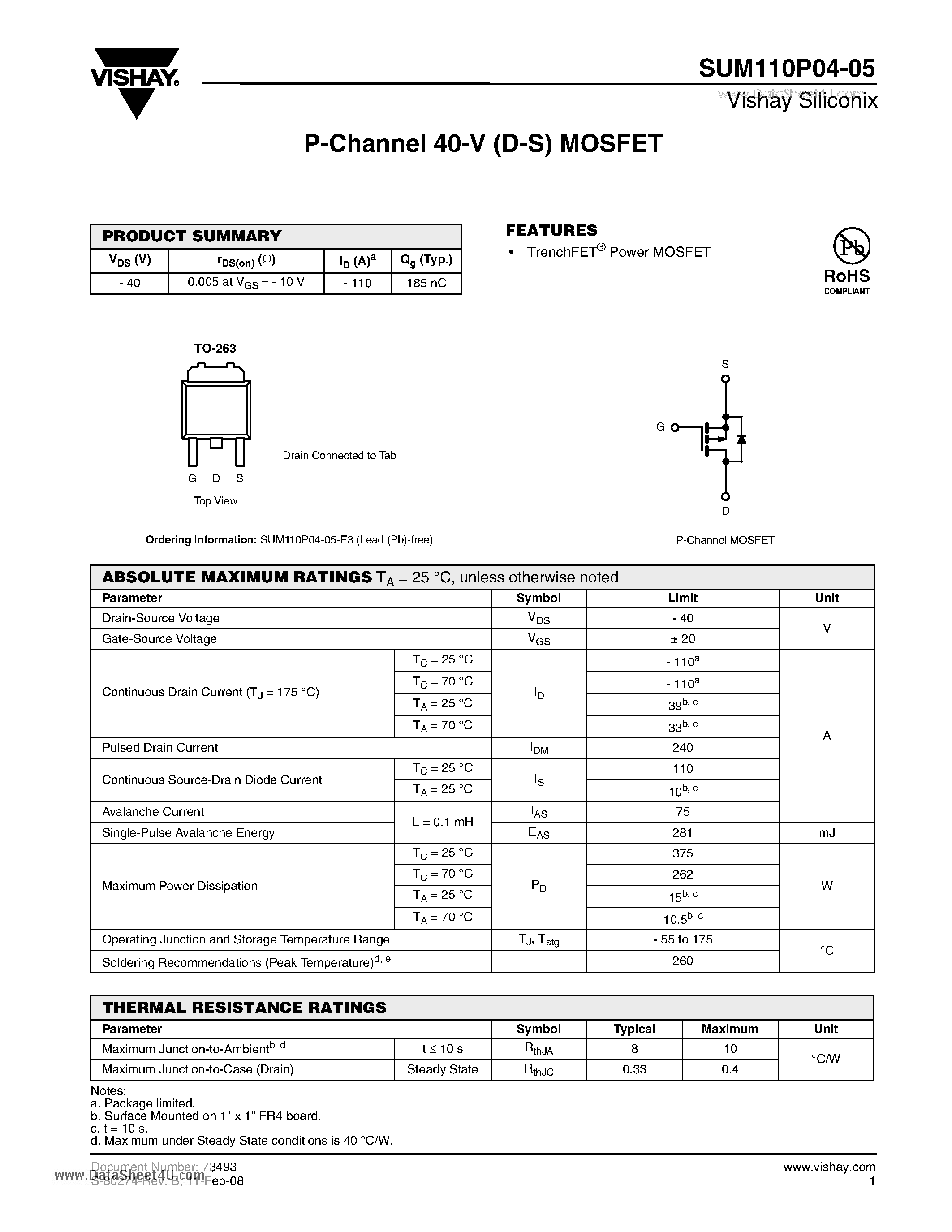 Даташит SUM110P04-05 - P-Channel 40-V (D-S) MOSFET страница 1