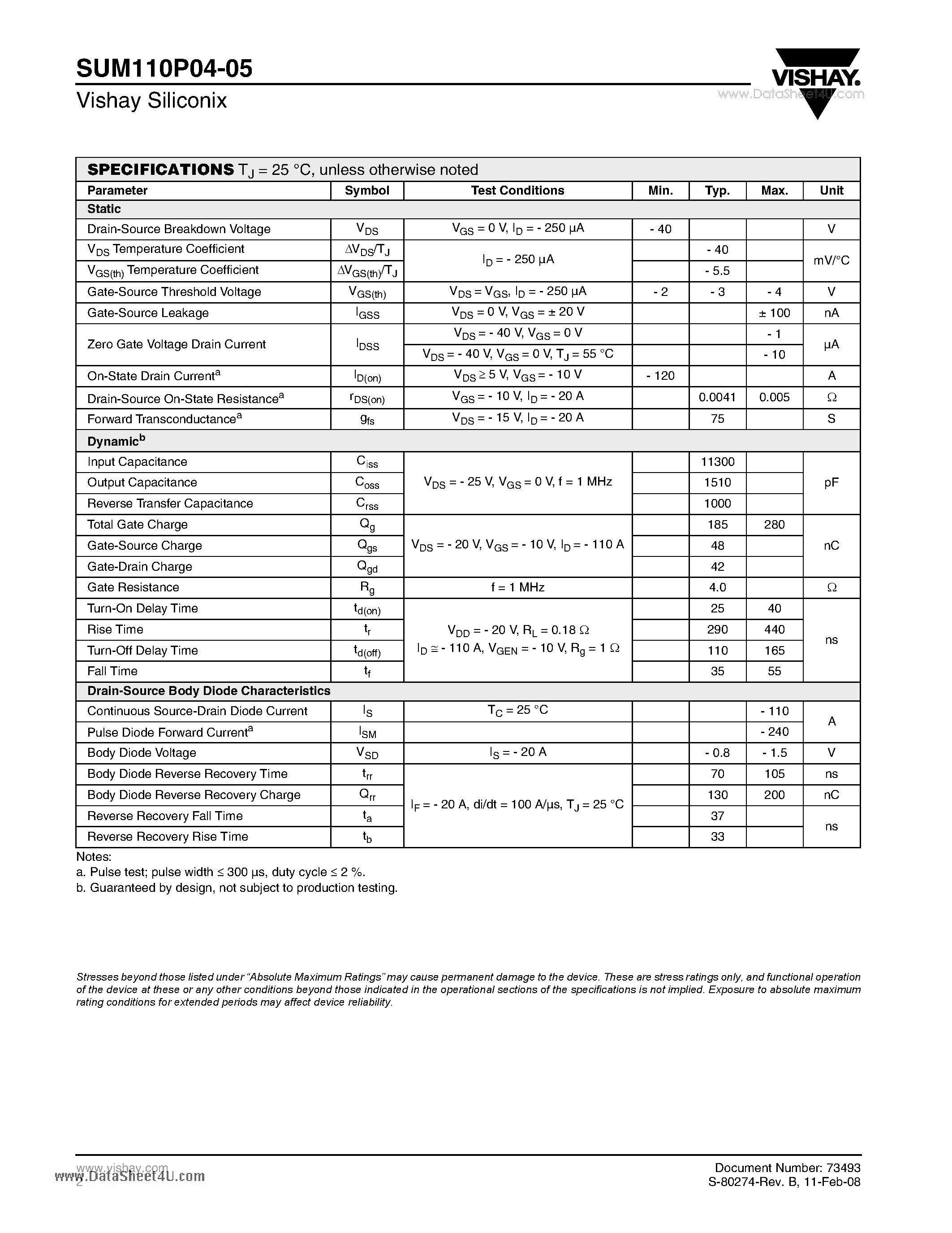 Даташит SUM110P04-05 - P-Channel 40-V (D-S) MOSFET страница 2