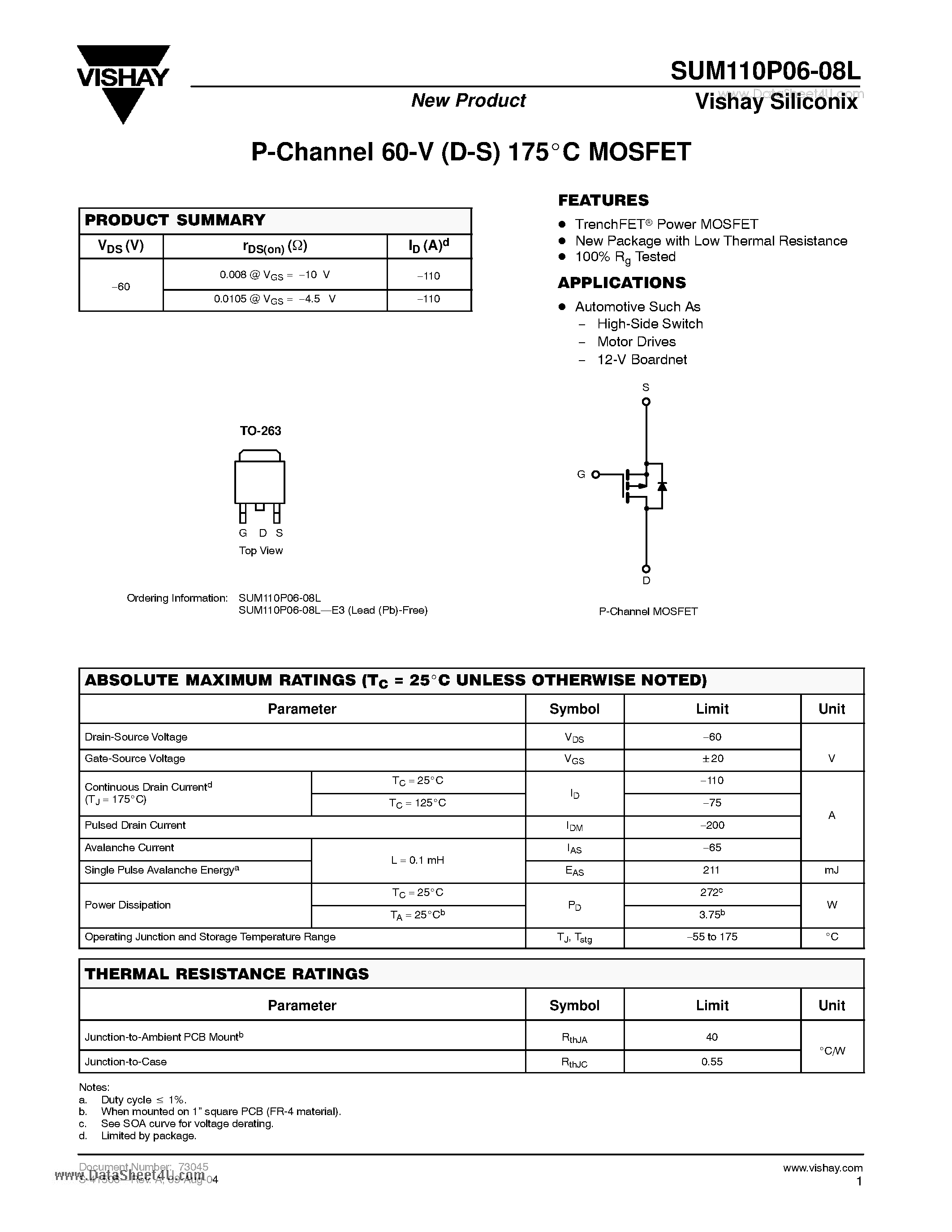 Даташит SUM110P06-08L - P-Channel 60-V (D-S) 175 Degrees Celcious MOSFET страница 1