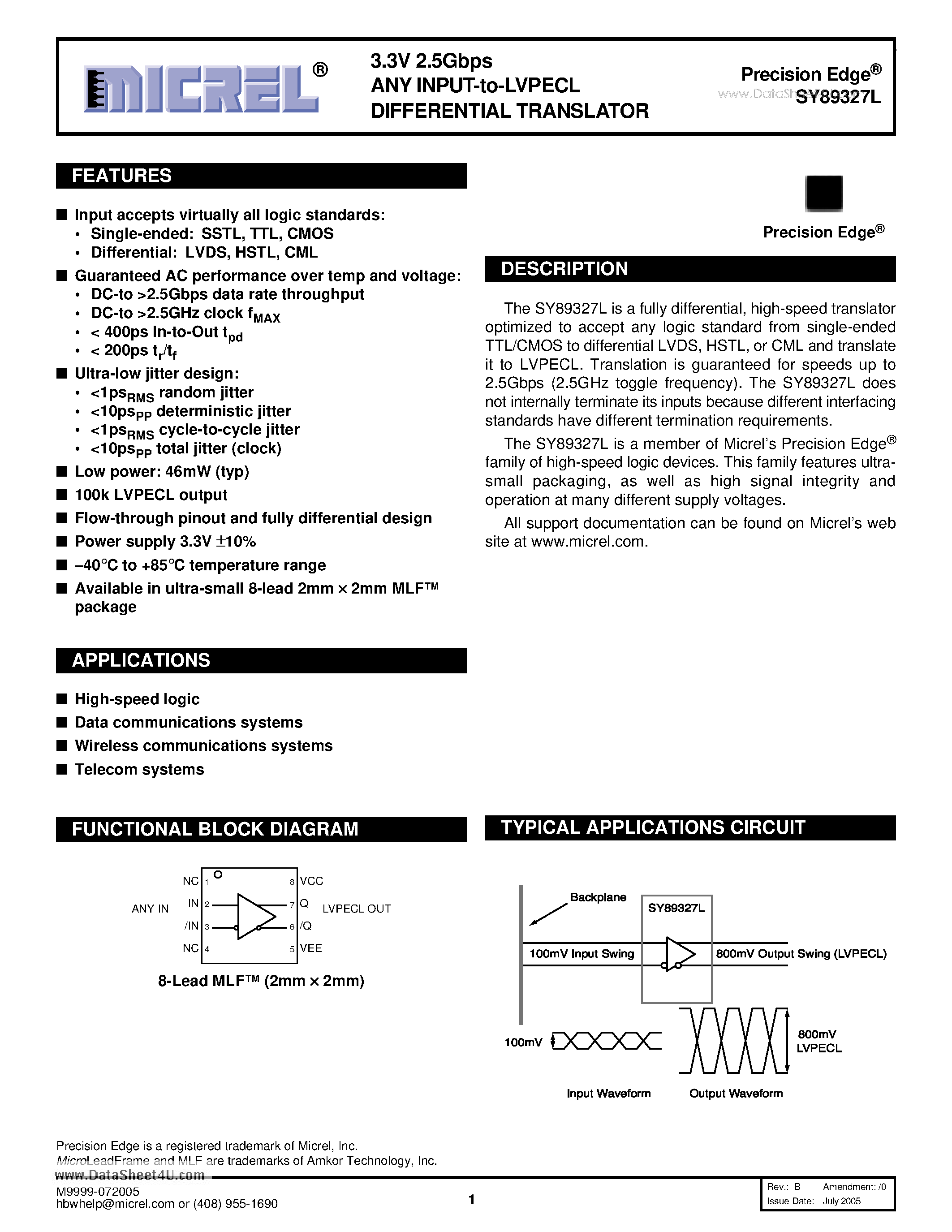 Даташит SY89327L - 3.3V 2.5Gbps ANY INPUT-to-LVPECL DIFFERENTIAL TRANSLATOR страница 1