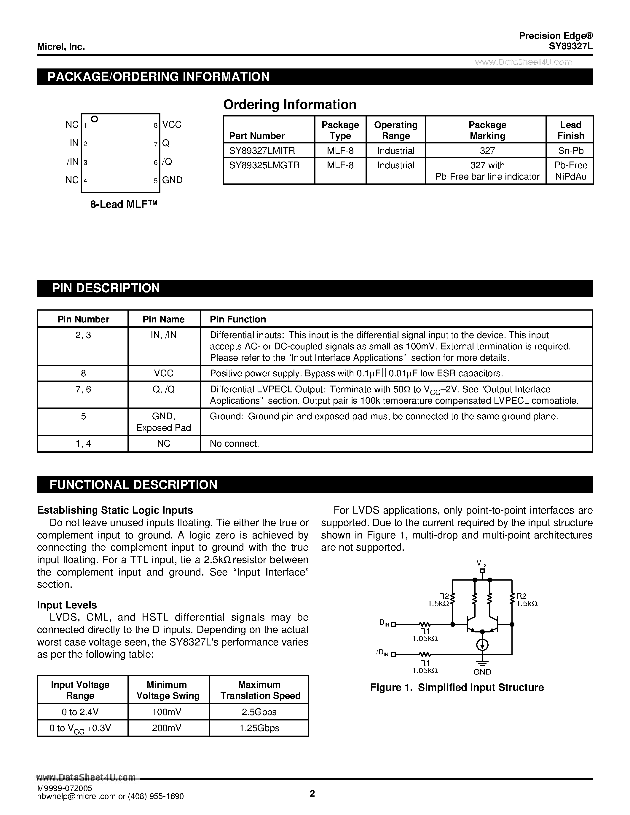 Даташит SY89327L - 3.3V 2.5Gbps ANY INPUT-to-LVPECL DIFFERENTIAL TRANSLATOR страница 2