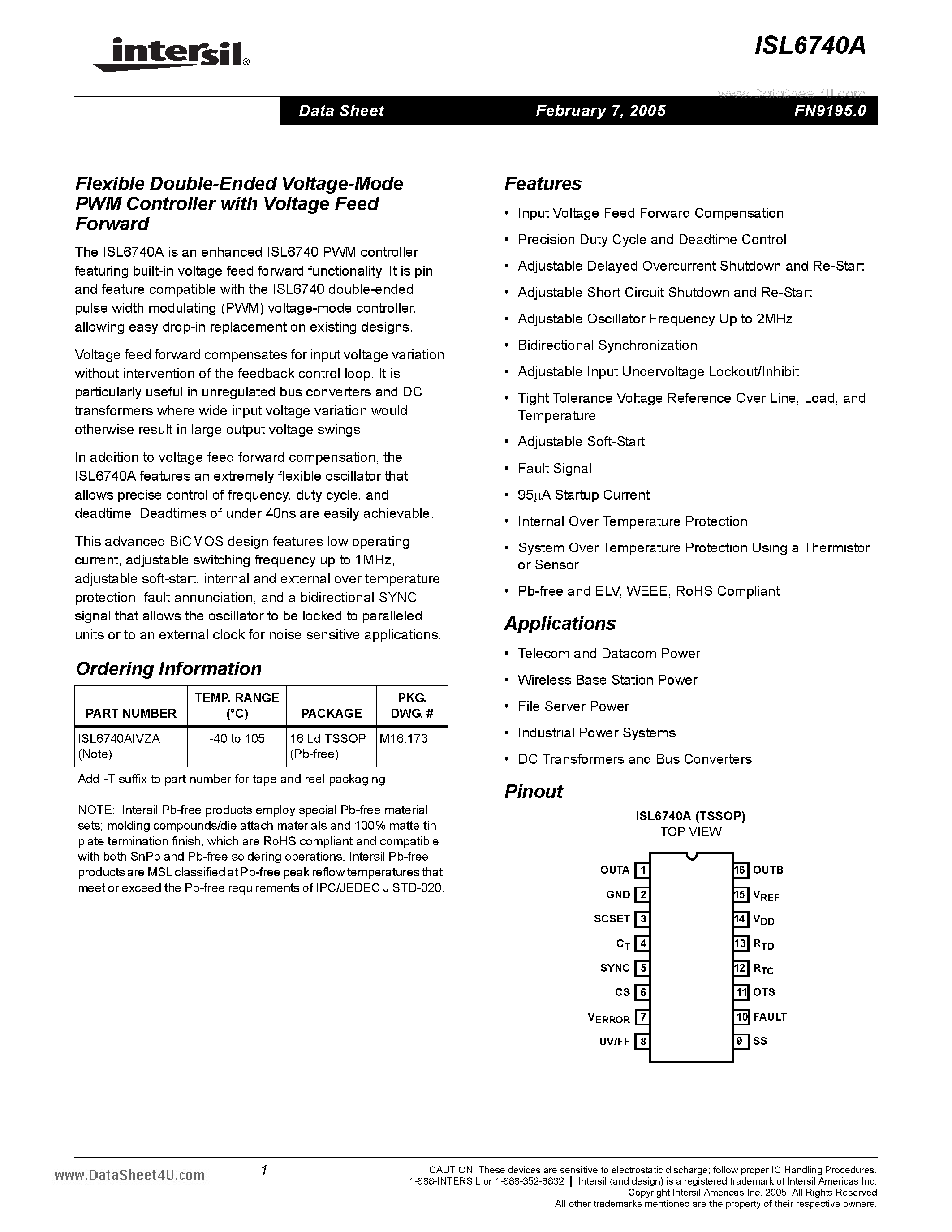 Datasheet ISL6740A - Flexible Double-Ended Voltage-Mode PWM Controller page 1