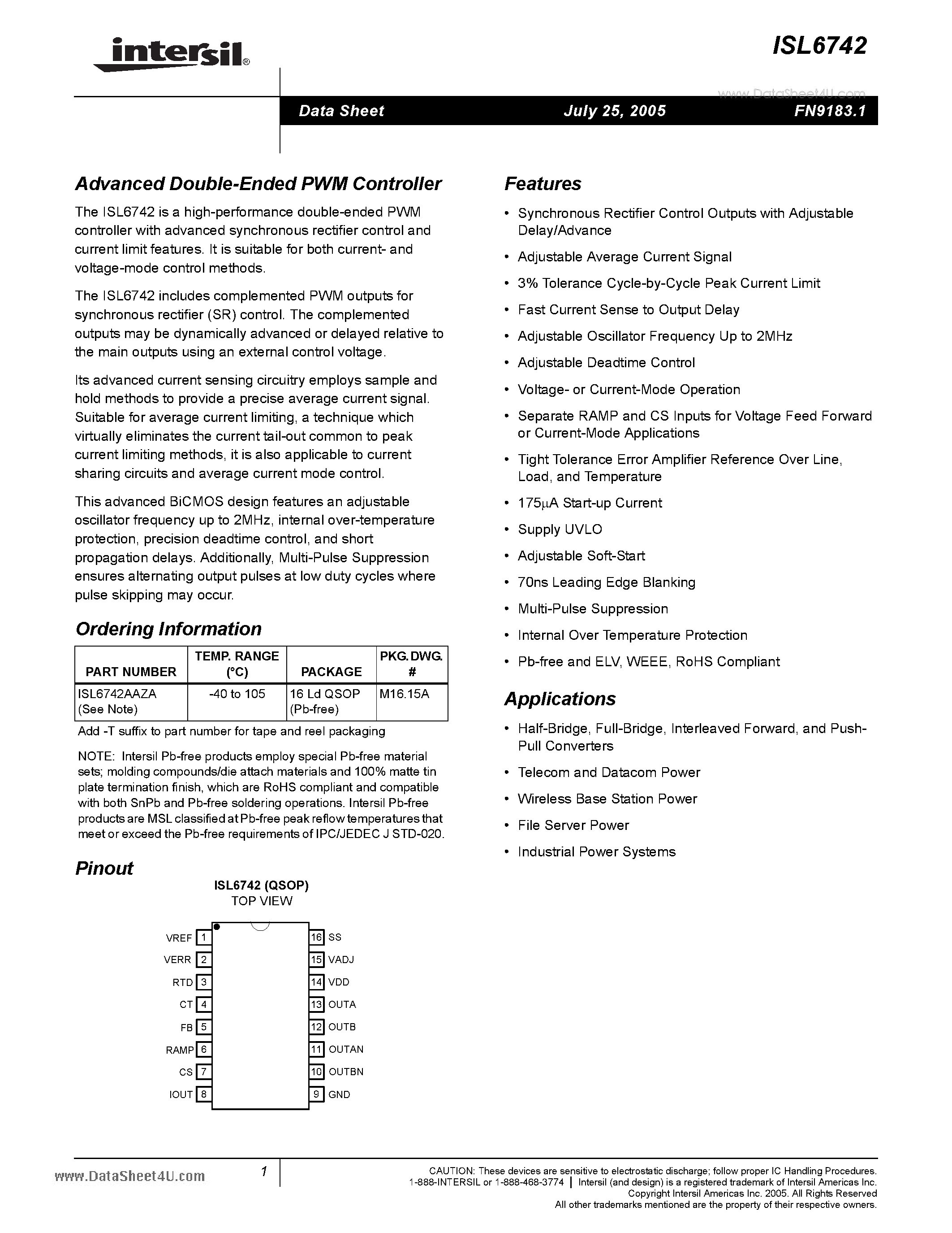 Datasheet ISL6742 - Advanced Double-Ended PWM Controller page 1