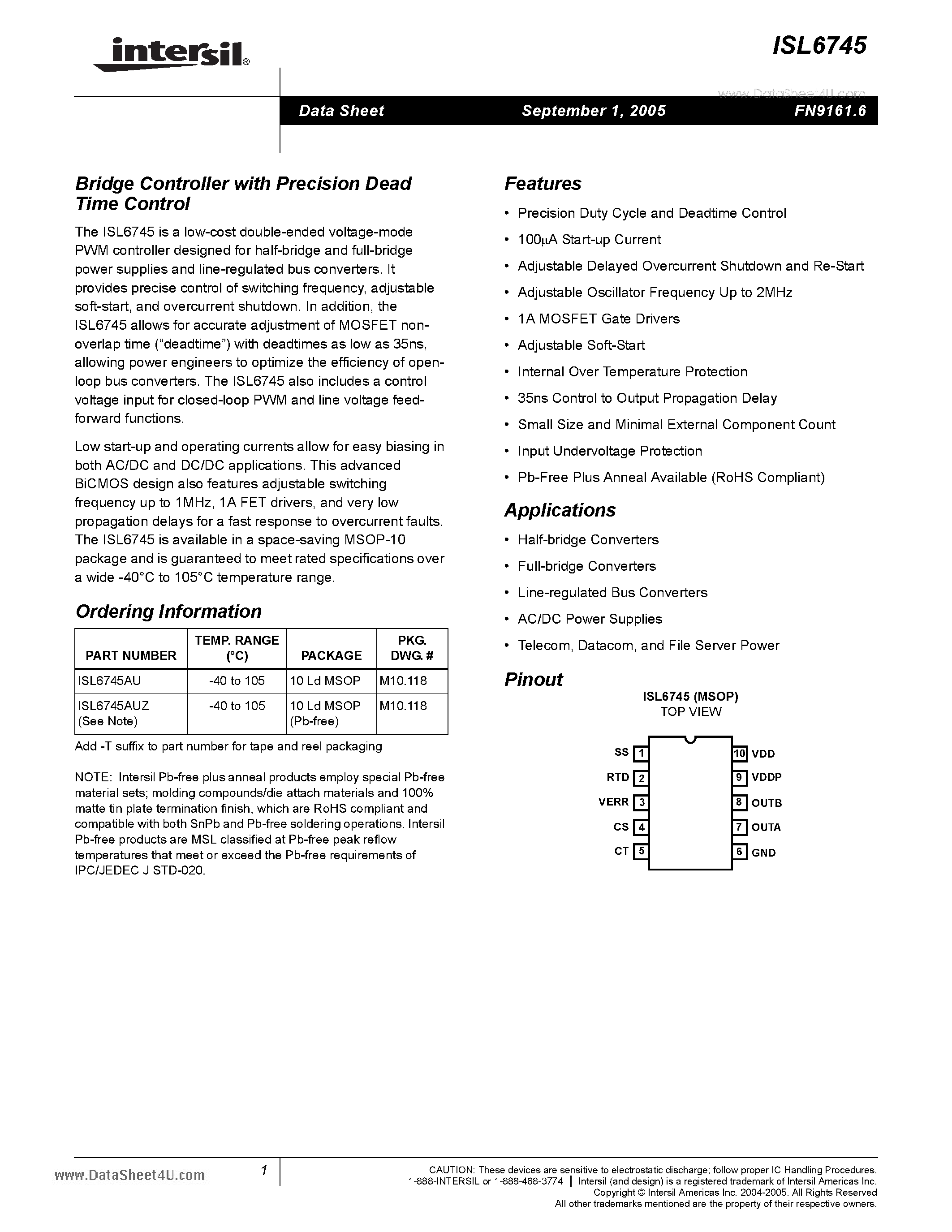 Datasheet ISL6745 - Bridge Controller page 1