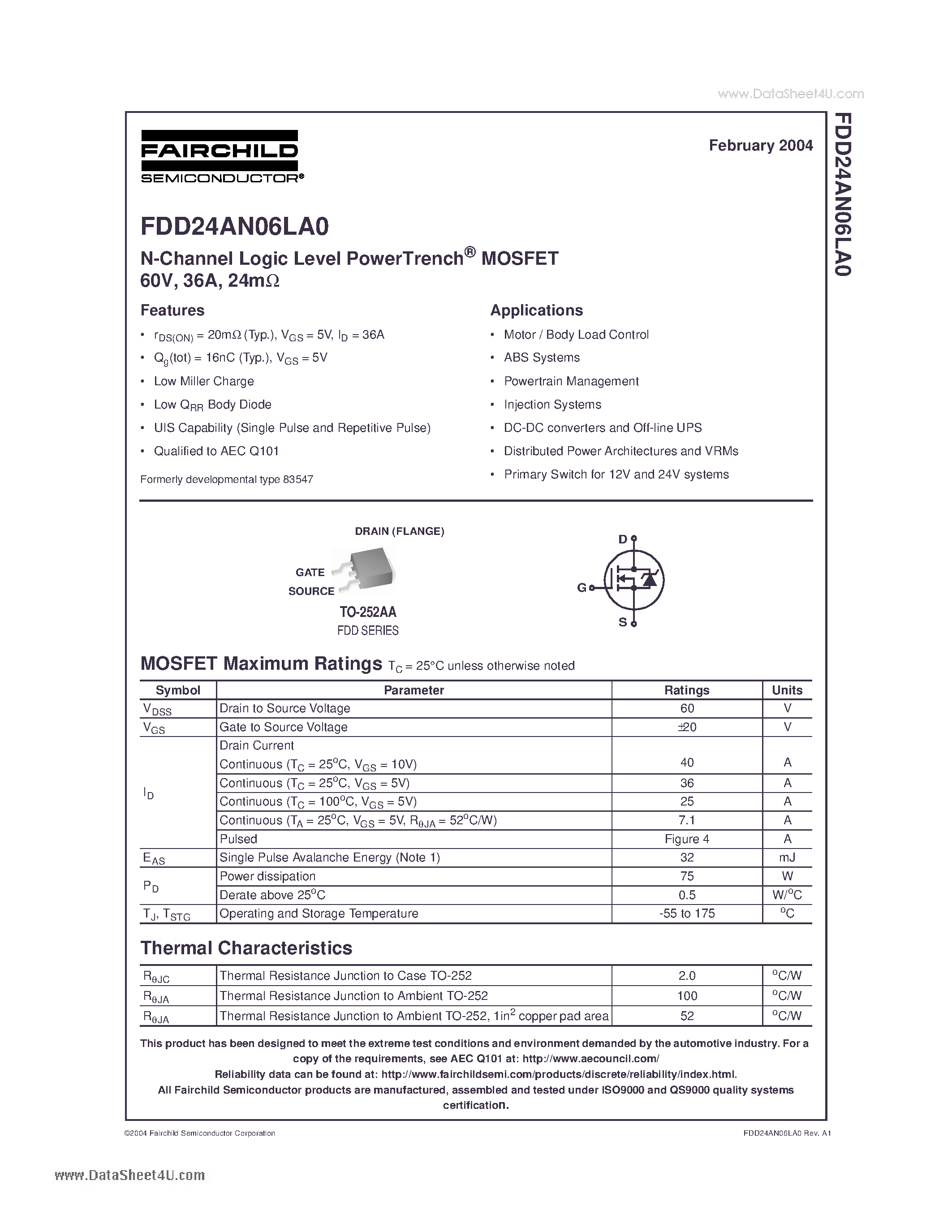 Datasheet FDD24AN06LA0 - N CHANNEL LOGIC LEVEL POWER TRENCH MOSFET page 1