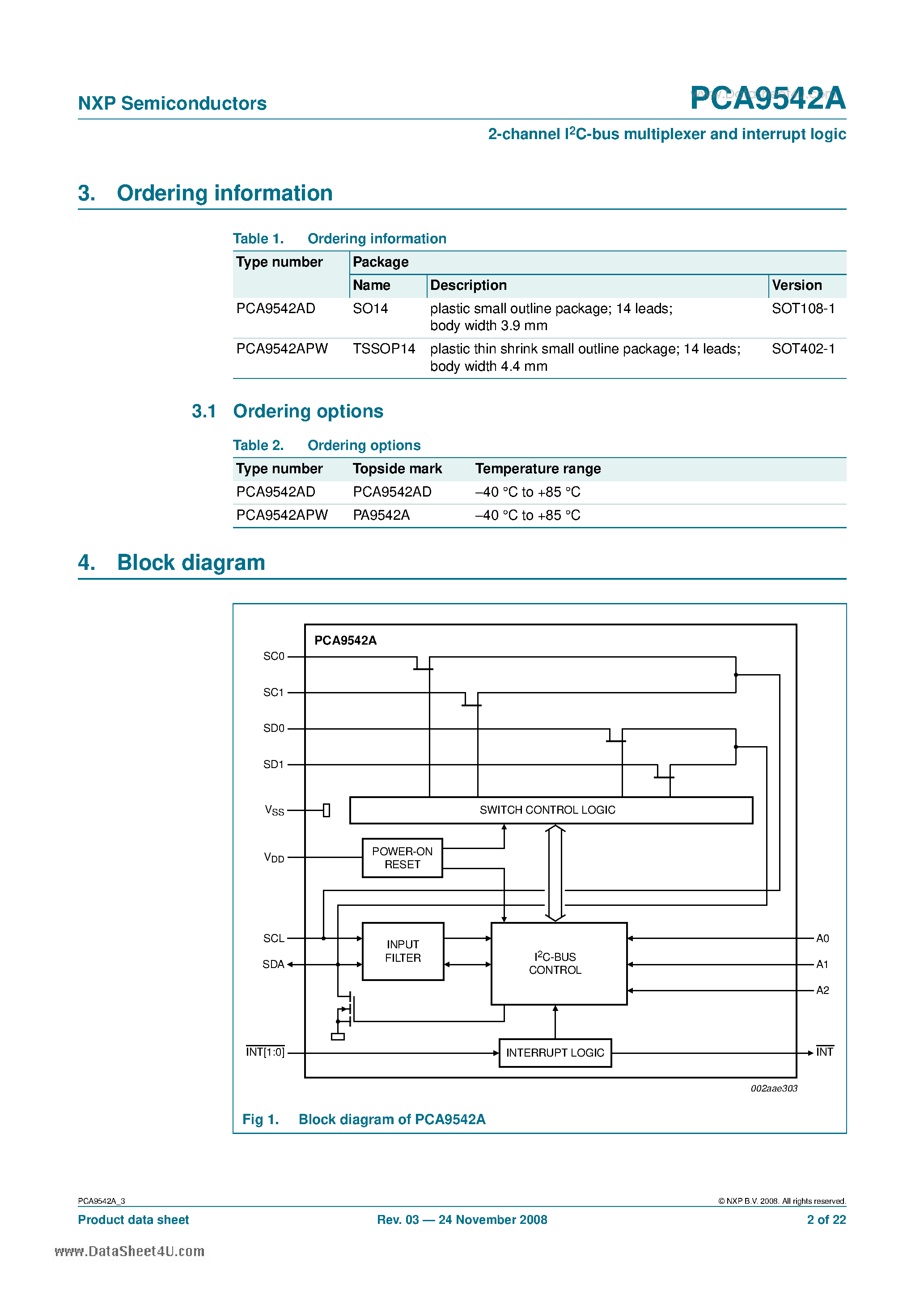 Даташит PCA9542A - 2-channel I2C-bus multiplexer and interrupt logic страница 2