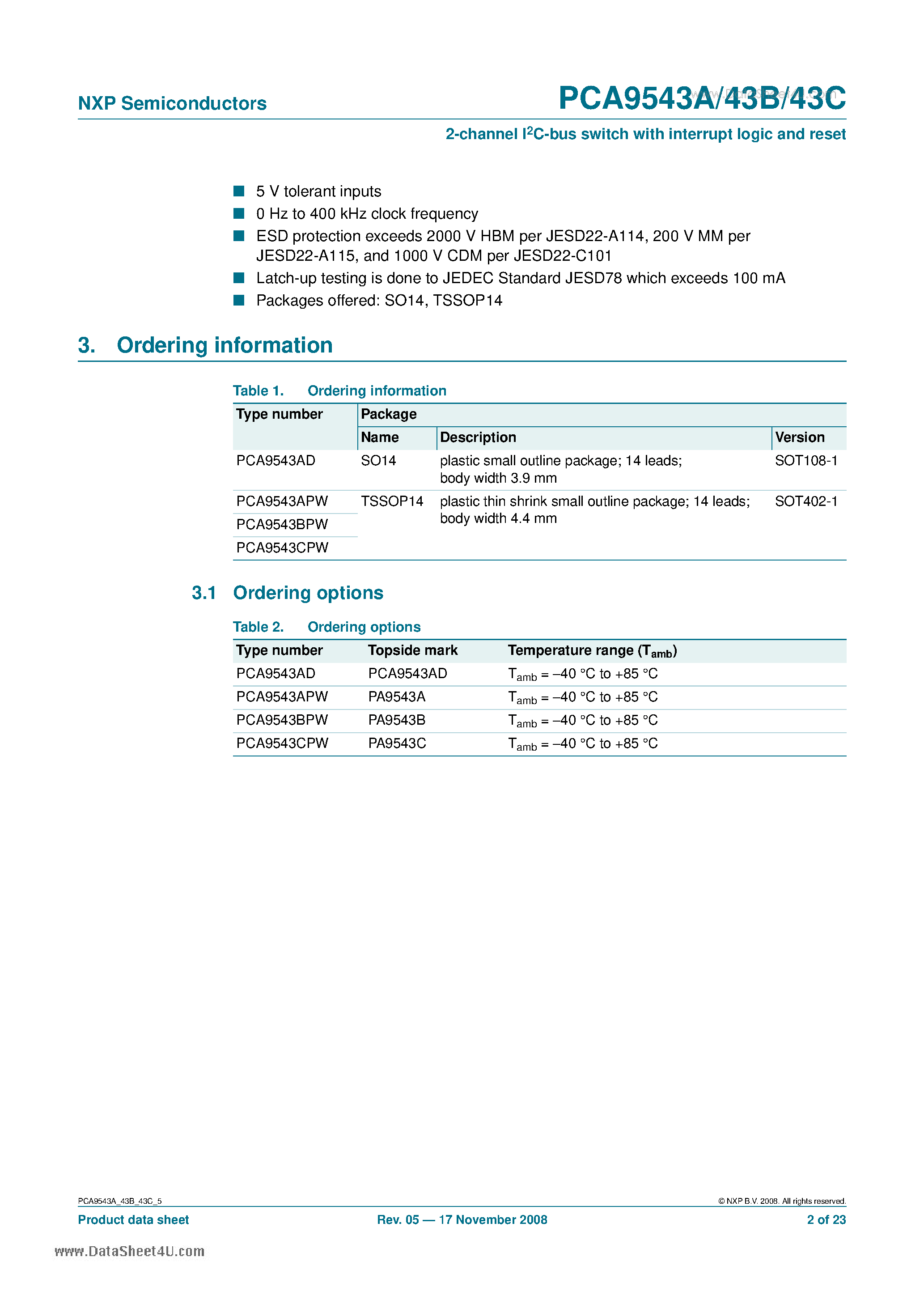 Даташит PCA9543A - 2-channel I2C-bus switch страница 2