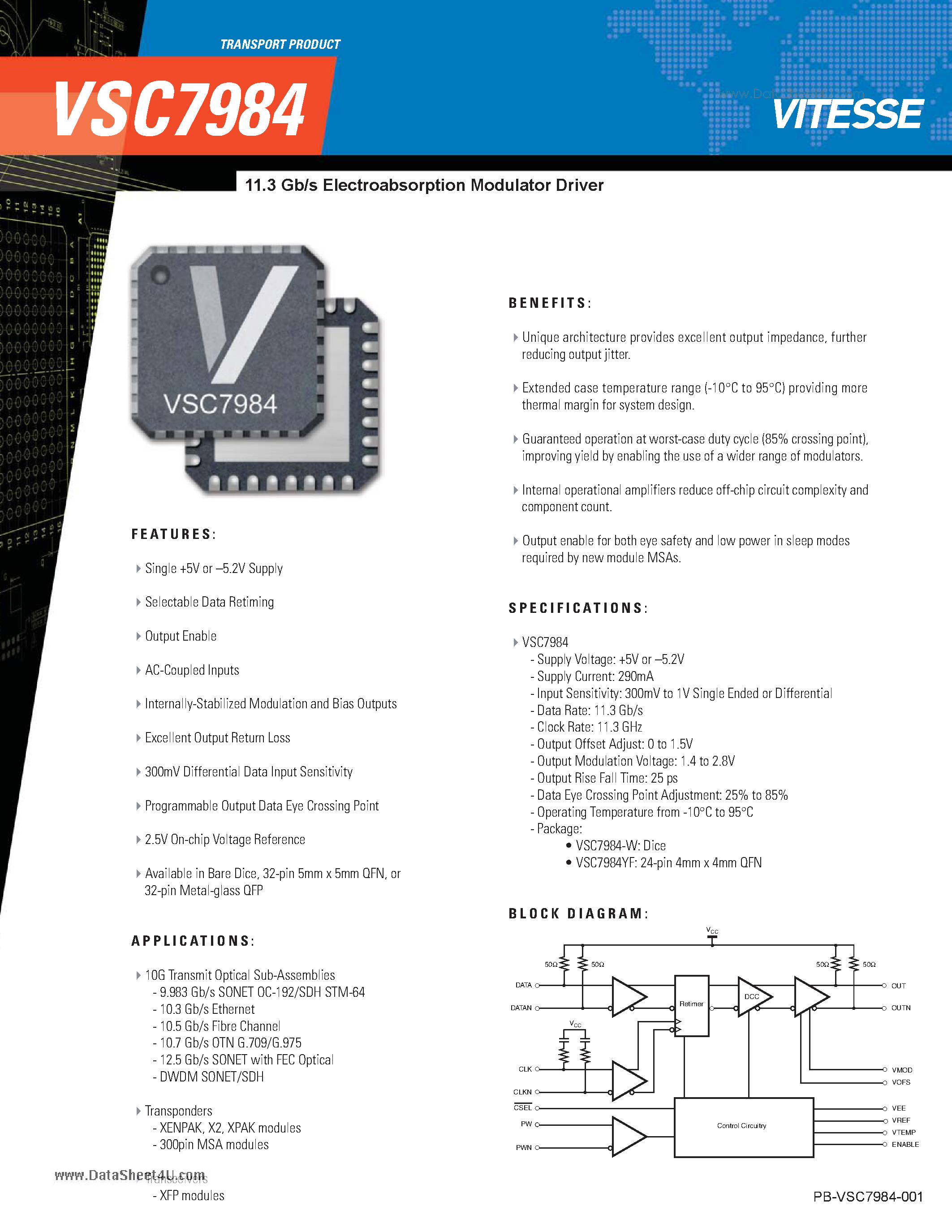 Даташит VSC7984 - 11.3 Gb/s Electroabsorption Modulator Driver страница 1