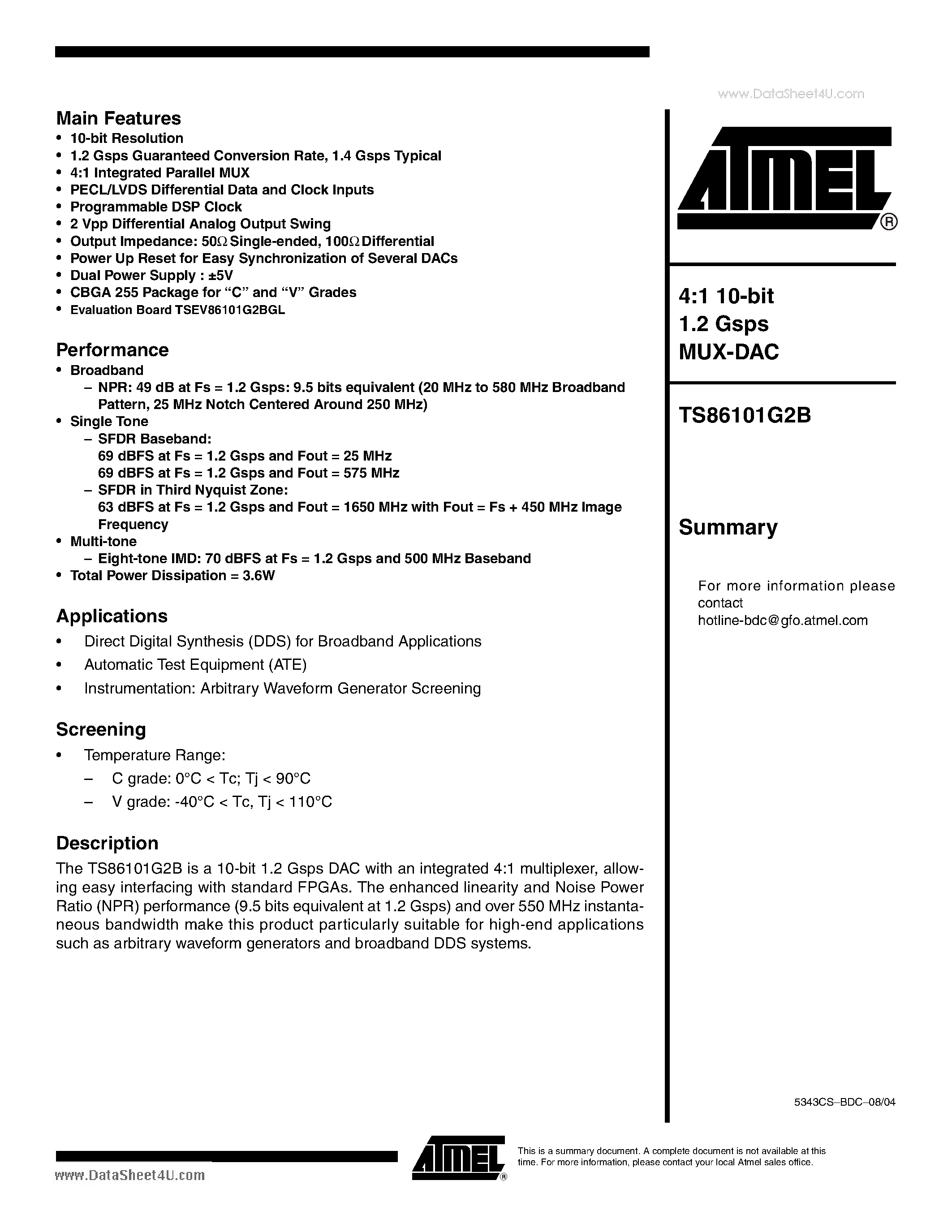 Даташит TS86101G2B - 4:1 10-bit 1.2 Gsps MUX-DAC страница 1