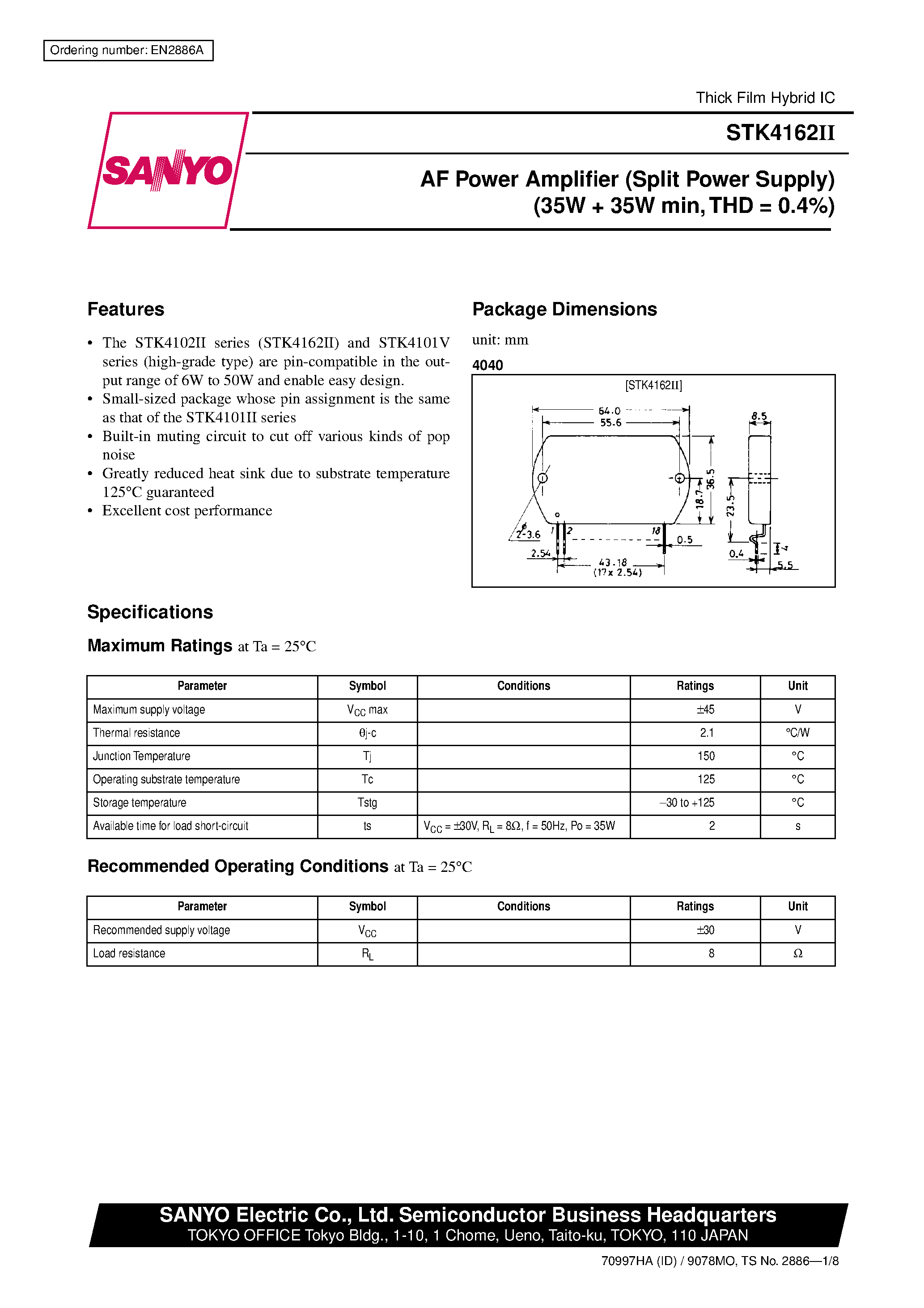 Datasheet STK-4162II - AF Power Amplifier (Split Power Supply) (35W + 35W min / THD = 0.4%) page 1