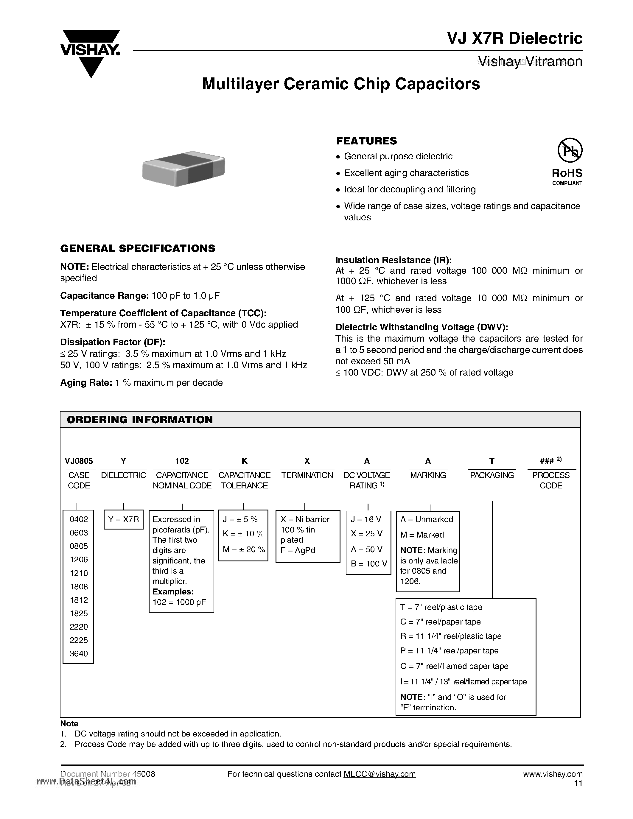 Даташит VJ0402 - Multilayer Ceramic Chip Capacitors страница 1