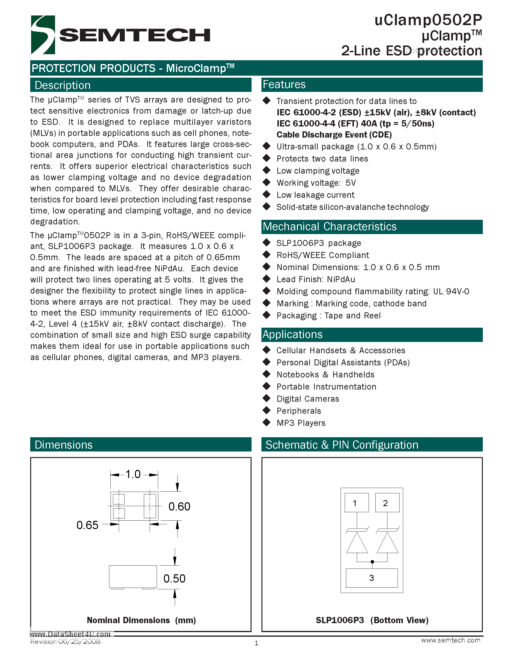 Даташит UCLAMP0502P - 2-Line ESD protection страница 1