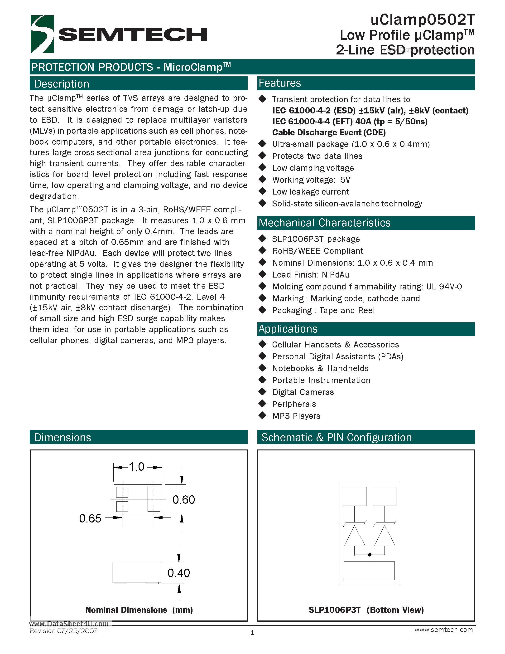 Даташит UCLAMP0502T - 2-Line ESD protection страница 1