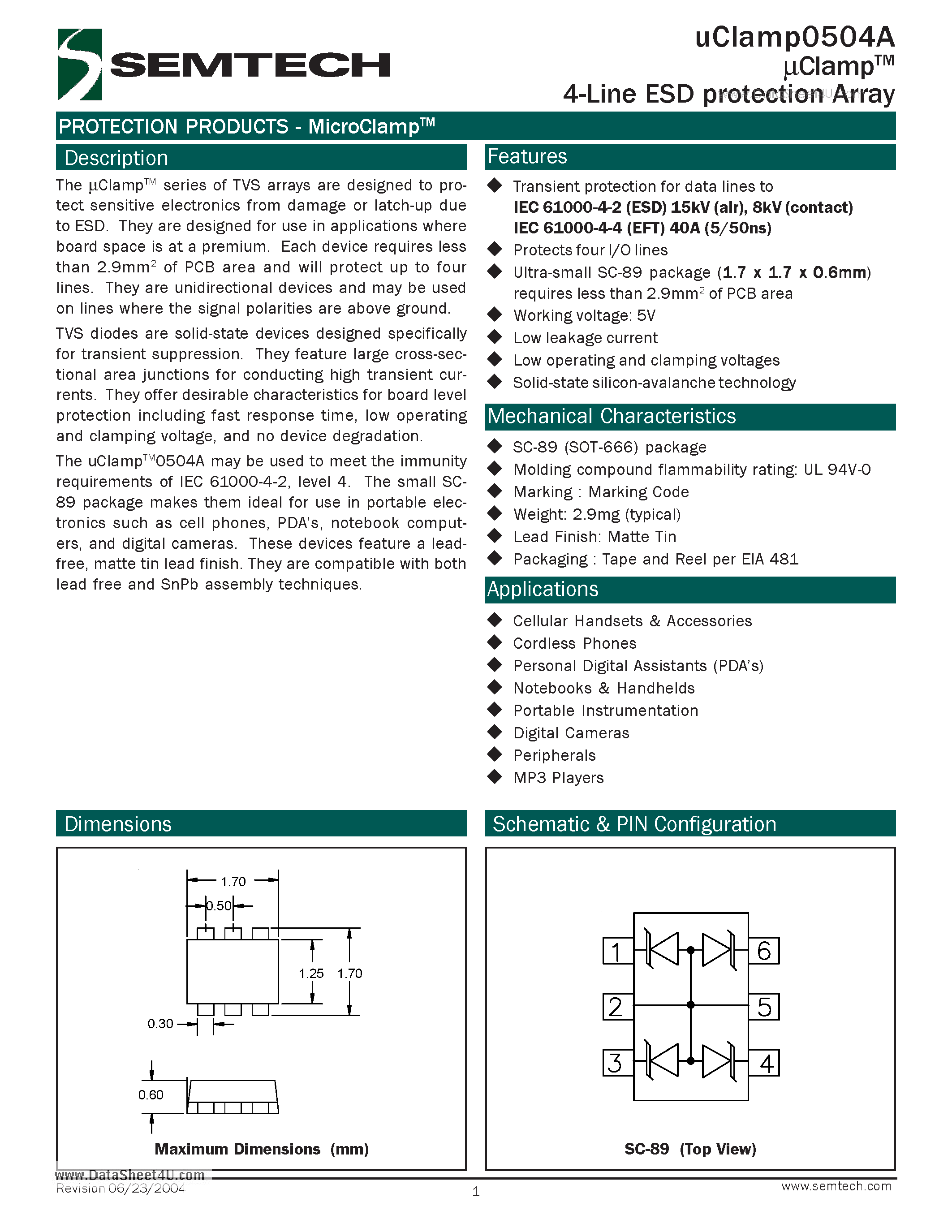 Datasheet UCLAMP0504A - 4-Line ESD protection Array page 1