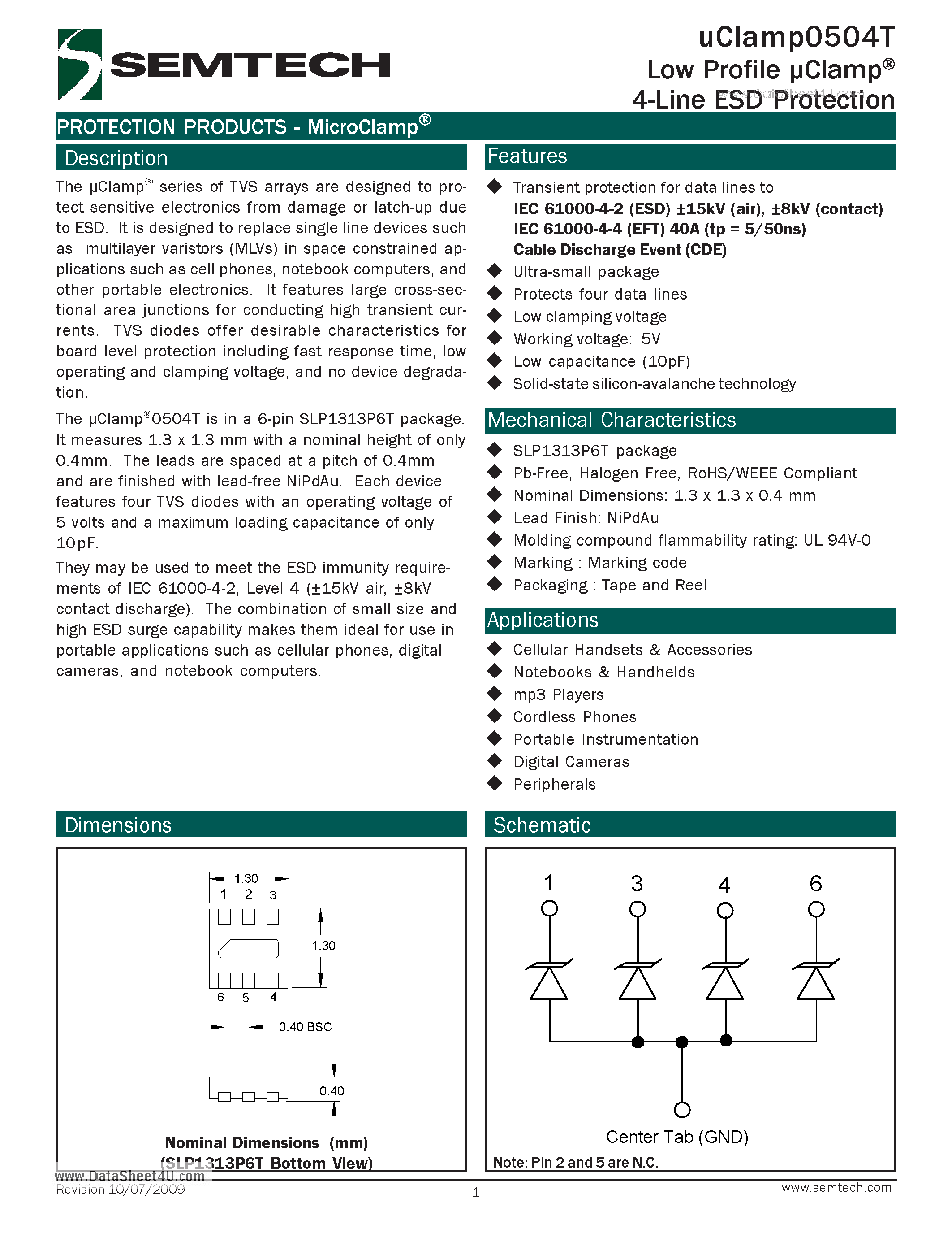 Datasheet UCLAMP0504T - Low Profile Clamp 4-Line ESD Protection page 1