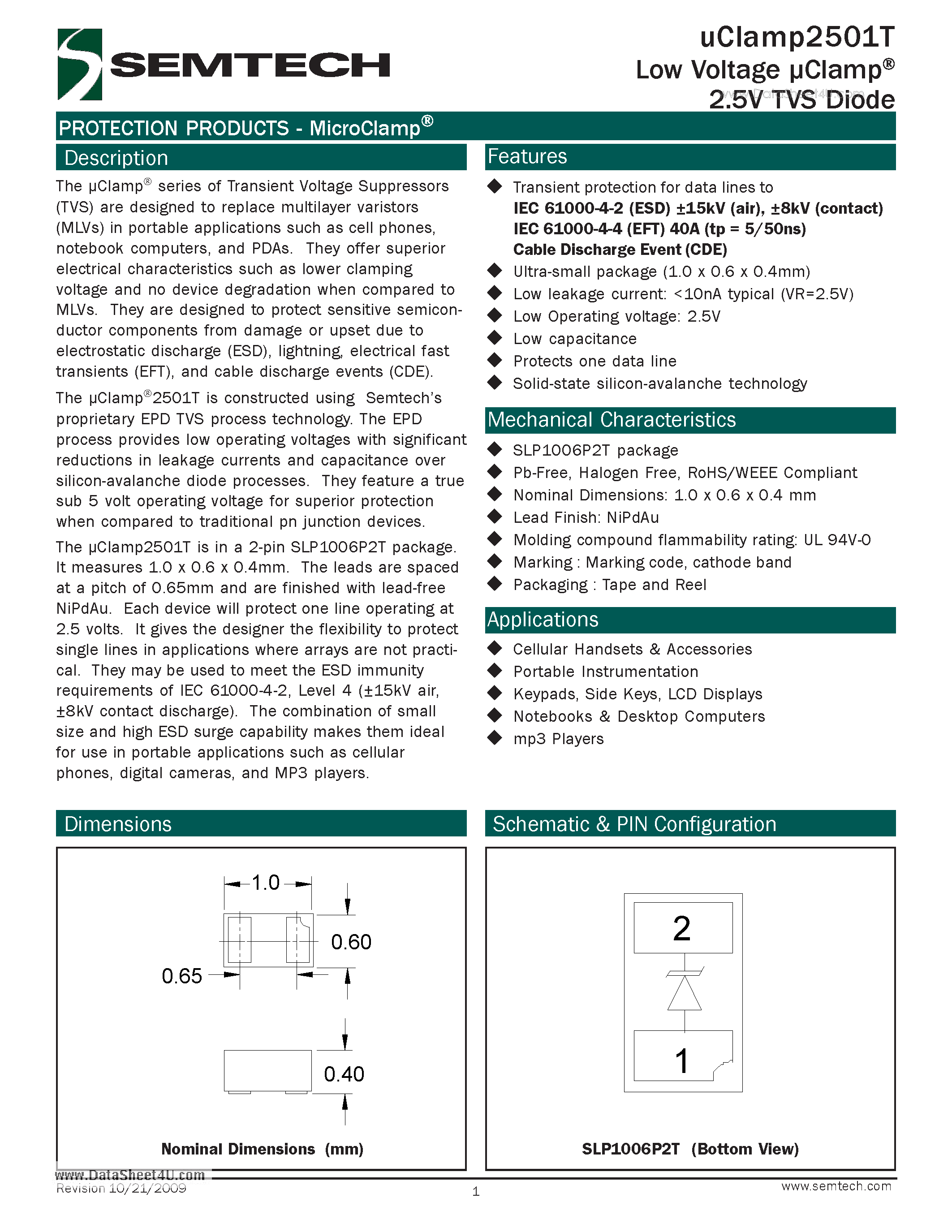 Даташит UCLAMP2501T - Low Voltage Clamp 2.5V TVS Diode страница 1