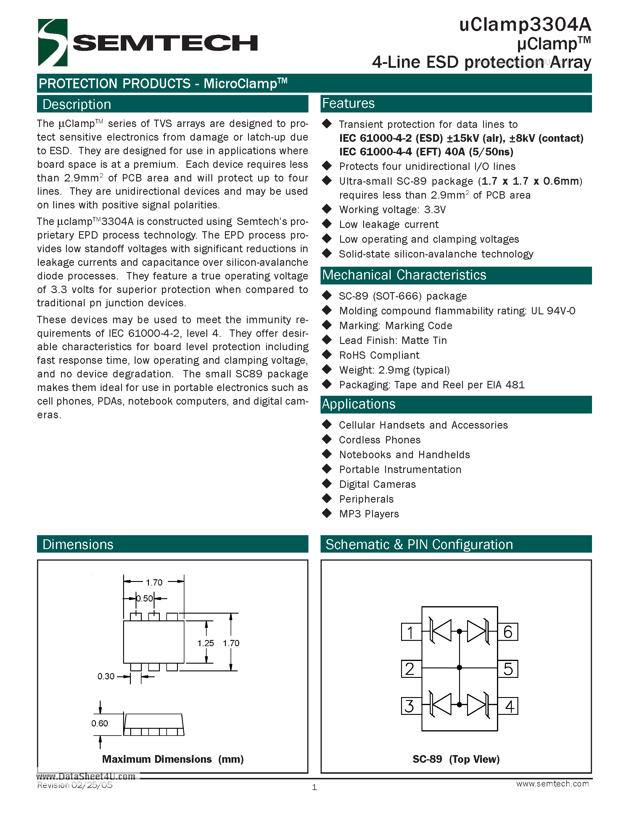 Datasheet UCLAMP3304A - 4-Line ESD protection Array page 1