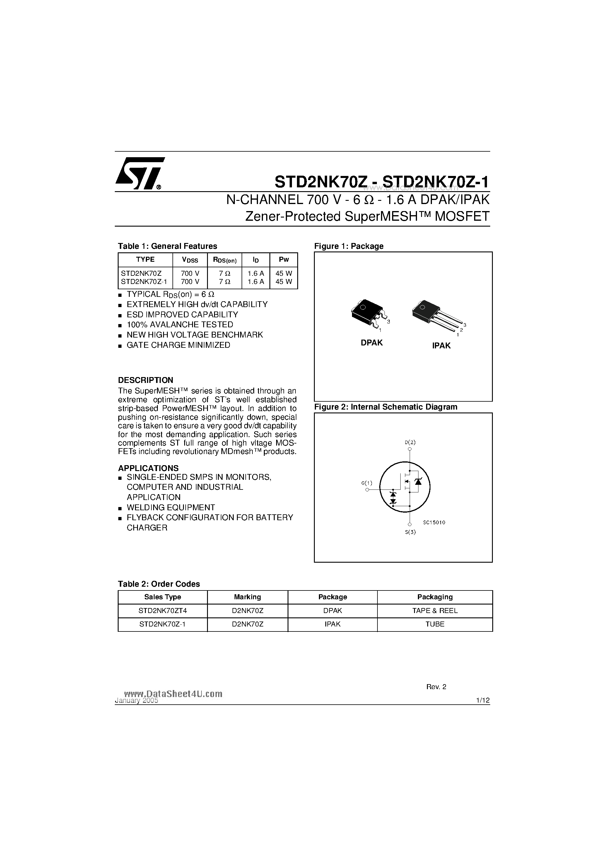 Даташит STD2NK70Z - N-CHANNEL 700V - 6W - 1.6A DPAK/IPAK Zener-Protected SuperMESHTM MOSFET страница 1