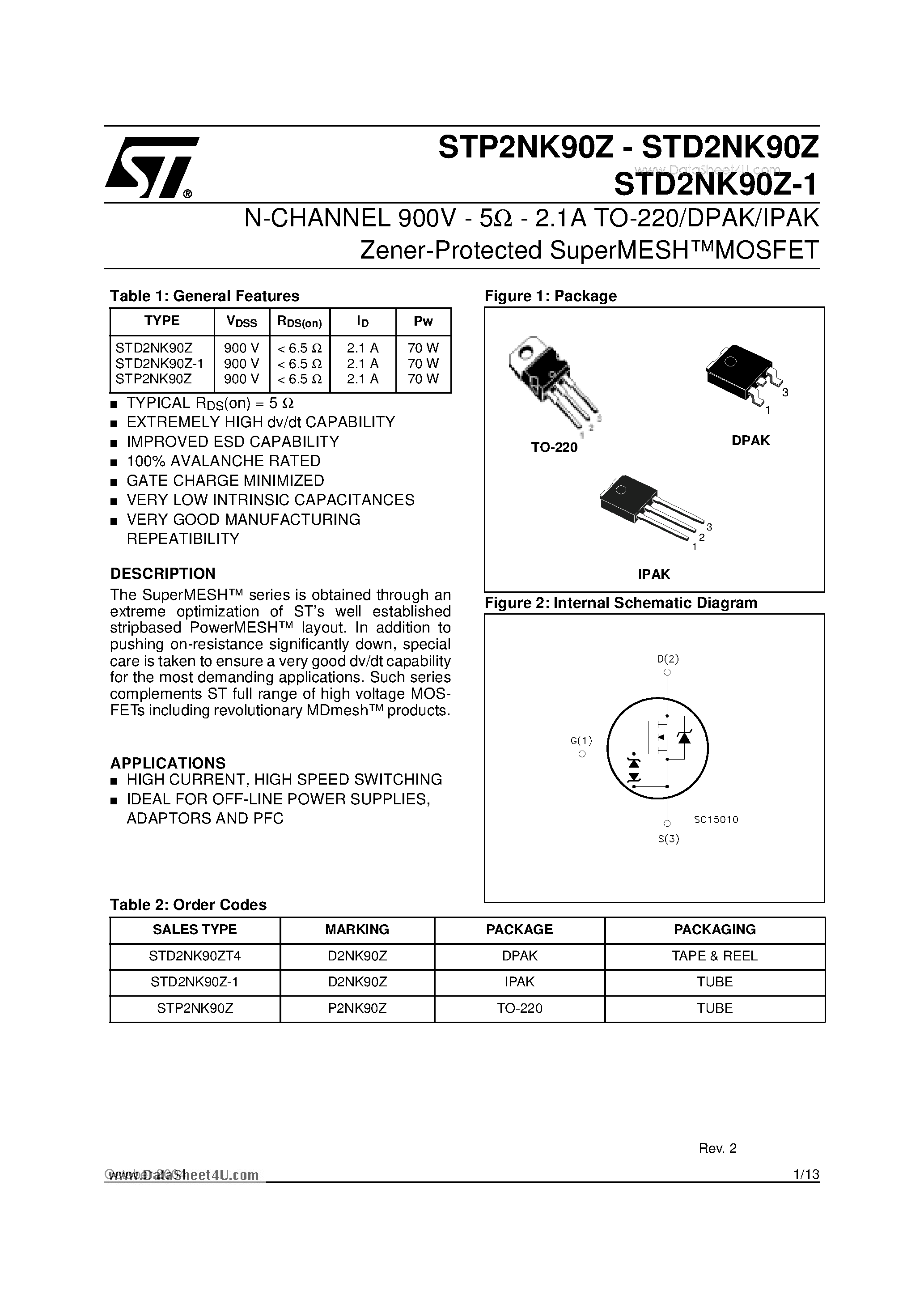 Даташит STD2NK90Z - N-CHANNEL 900V-5W-2.1A TO-220/DPAK/IPAK Zener-Protected SuperMESHTM MOSFET страница 1