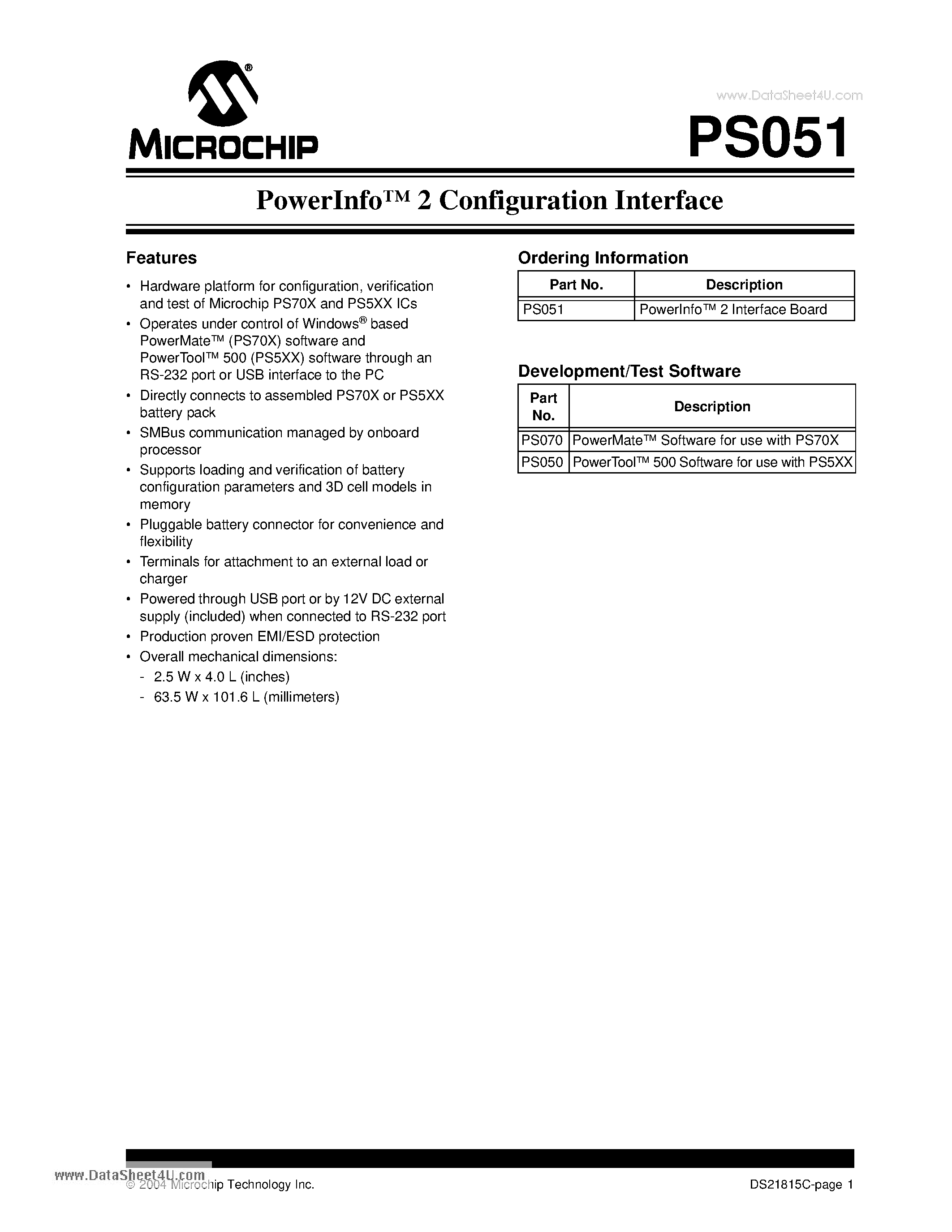 Даташит PS051 - PowerInfo 2 Configuration Interface страница 1