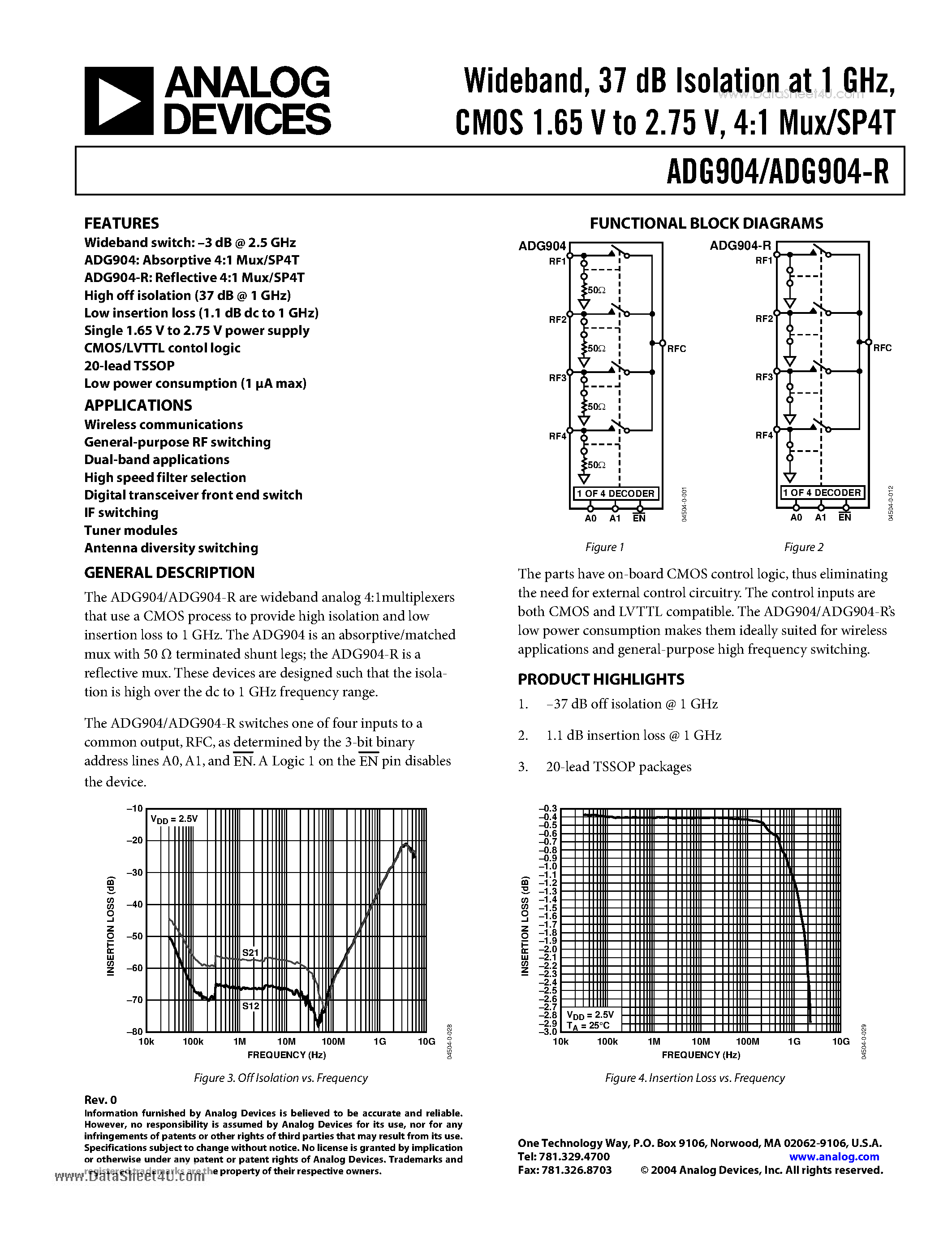 Datasheet ADG904 - Wideband 37 dB Isolation at 1 GHz CMOS 1.65V to 2.75V 4:1 Mux/SP4T page 1