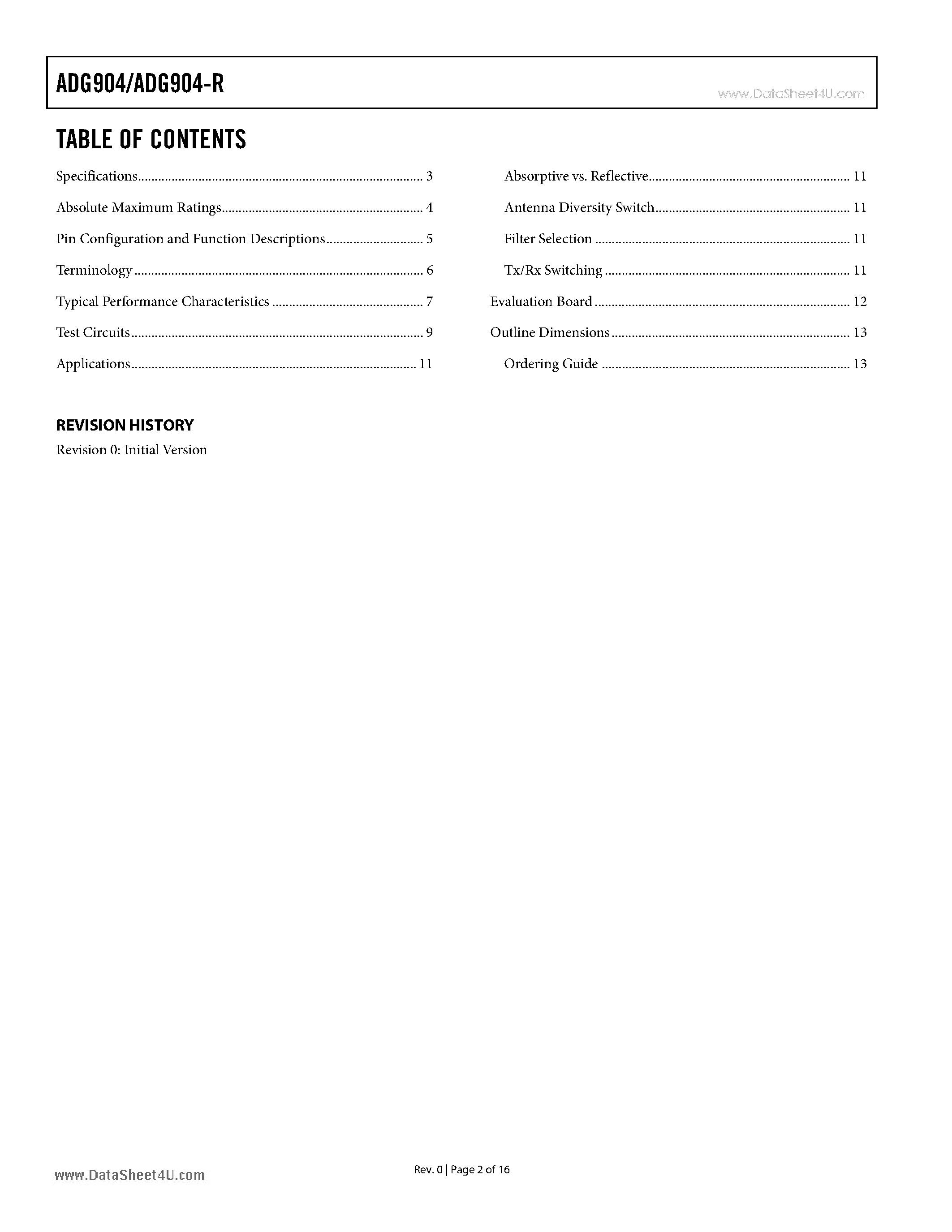 Datasheet ADG904 - Wideband 37 dB Isolation at 1 GHz CMOS 1.65V to 2.75V 4:1 Mux/SP4T page 2