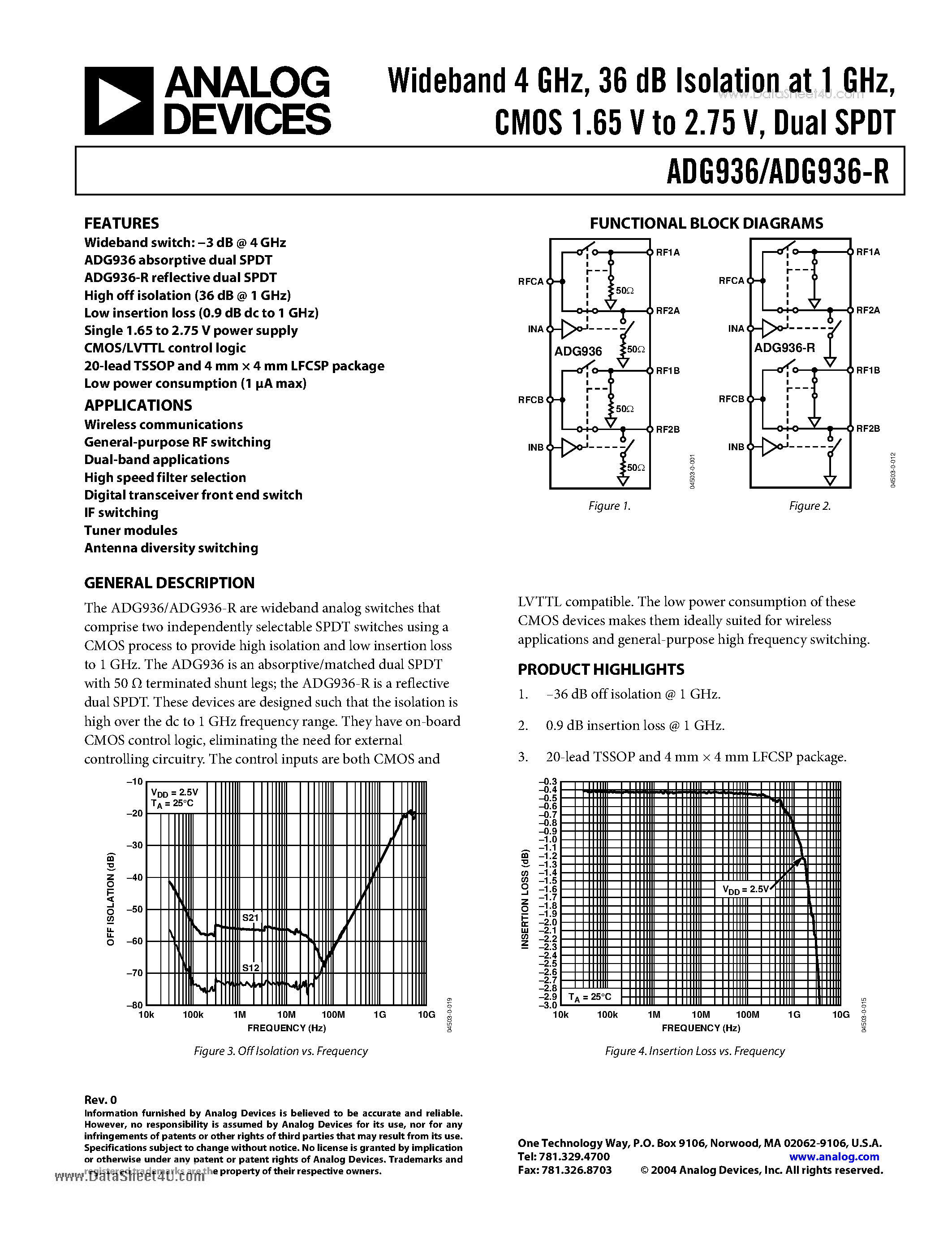 Datasheet ADG936 - Wideband 4 GHz 36 dB Isolation at 1 GHz CMOS 1.65V to 2.75V Dual SPDT page 1