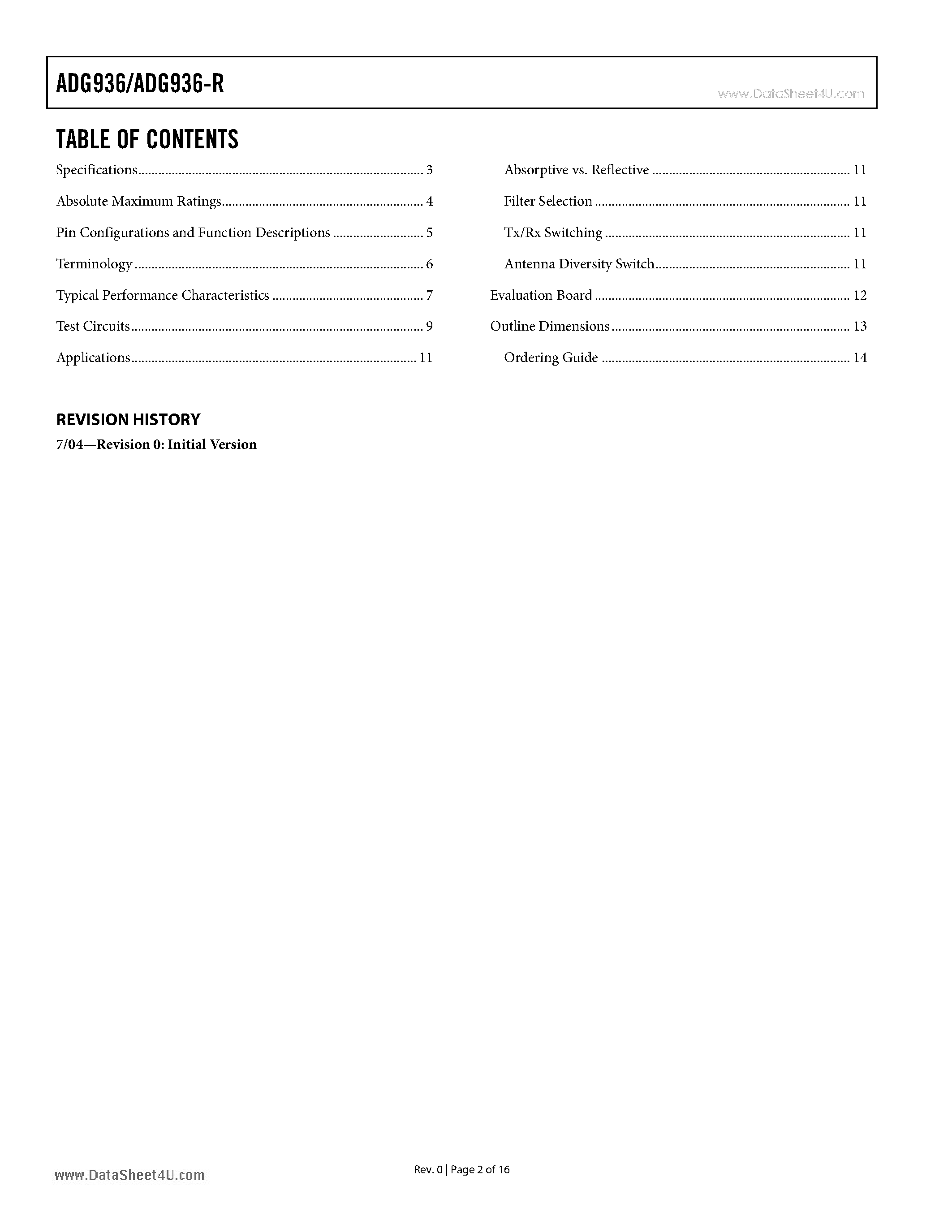 Datasheet ADG936 - Wideband 4 GHz 36 dB Isolation at 1 GHz CMOS 1.65V to 2.75V Dual SPDT page 2