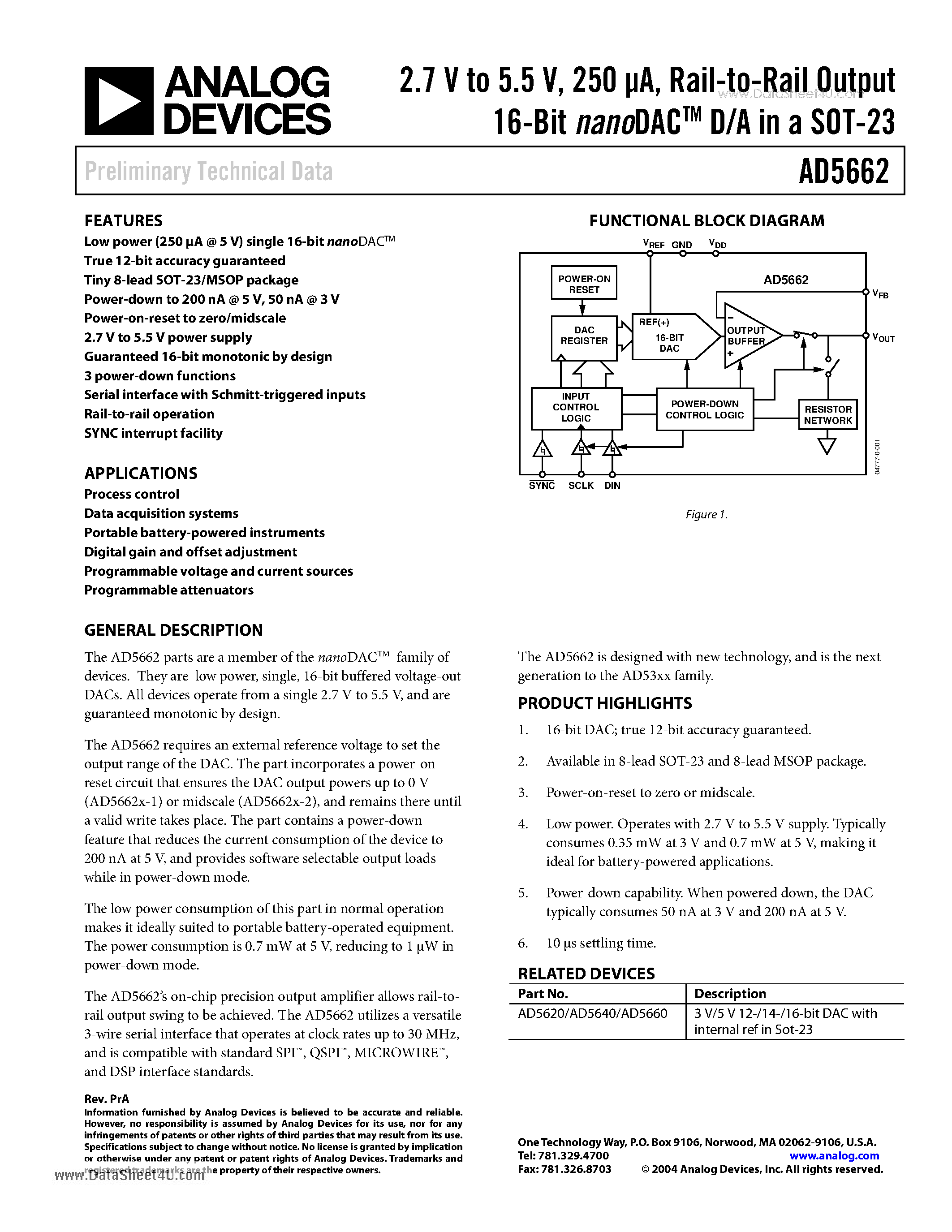 Datasheet AD5662 - 2.7 V to 5.5 V 250 uA Rail-to-Rail Output 16-Bit DAC D/A page 1