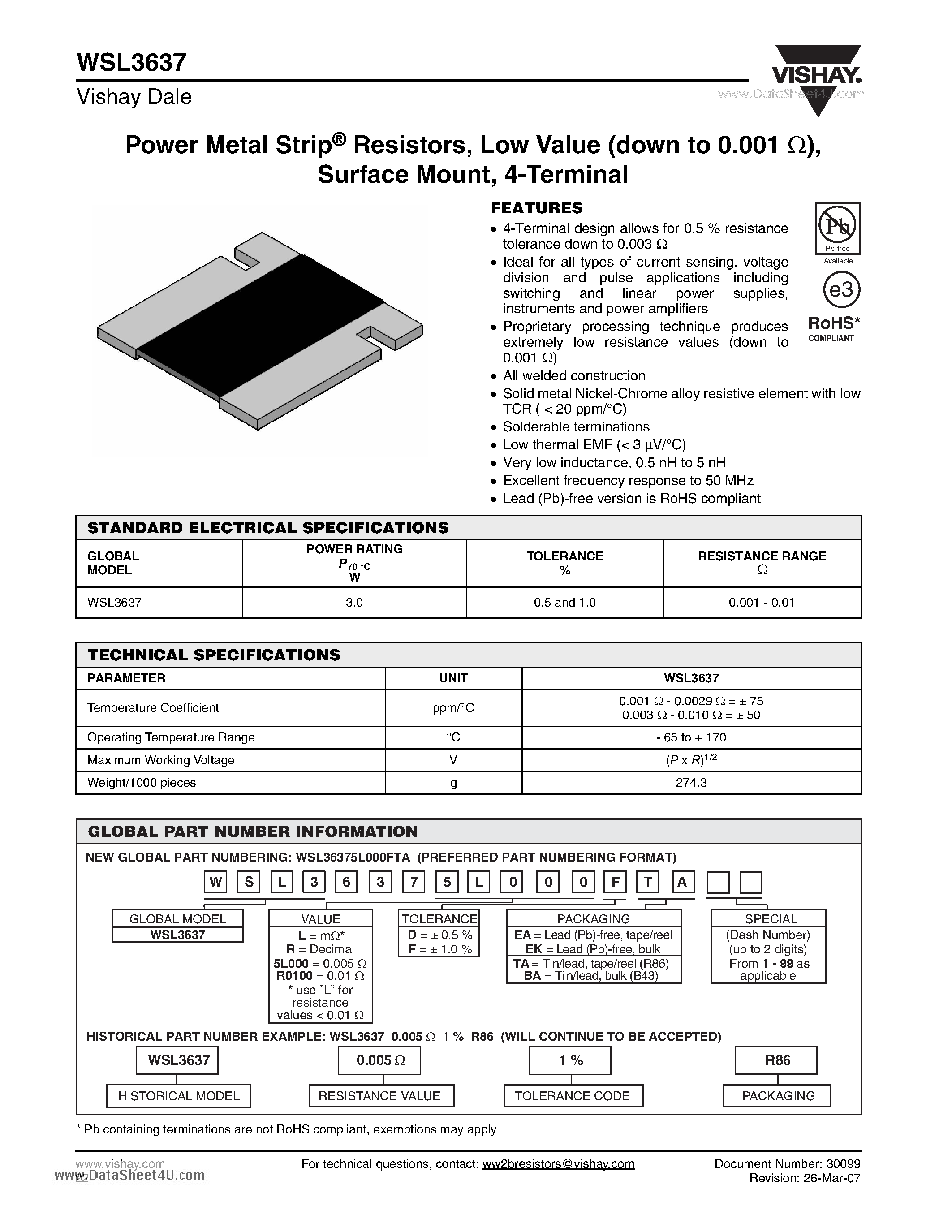 Даташит WSL3637 - Power Metal Strip Resistors Low Value (down to 0.001 ) Surface Mount 4-Terminal страница 1