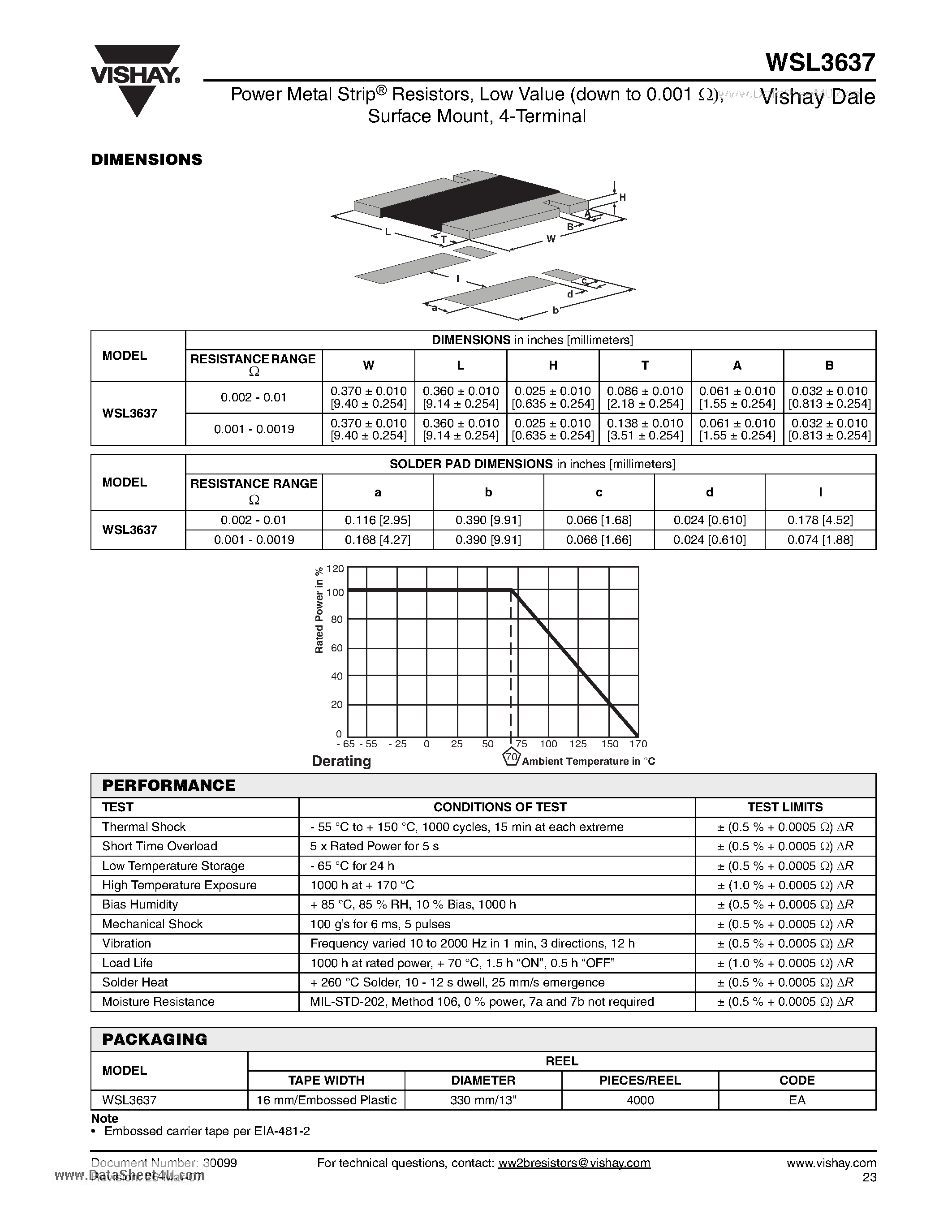 Даташит WSL3637 - Power Metal Strip Resistors Low Value (down to 0.001 ) Surface Mount 4-Terminal страница 2