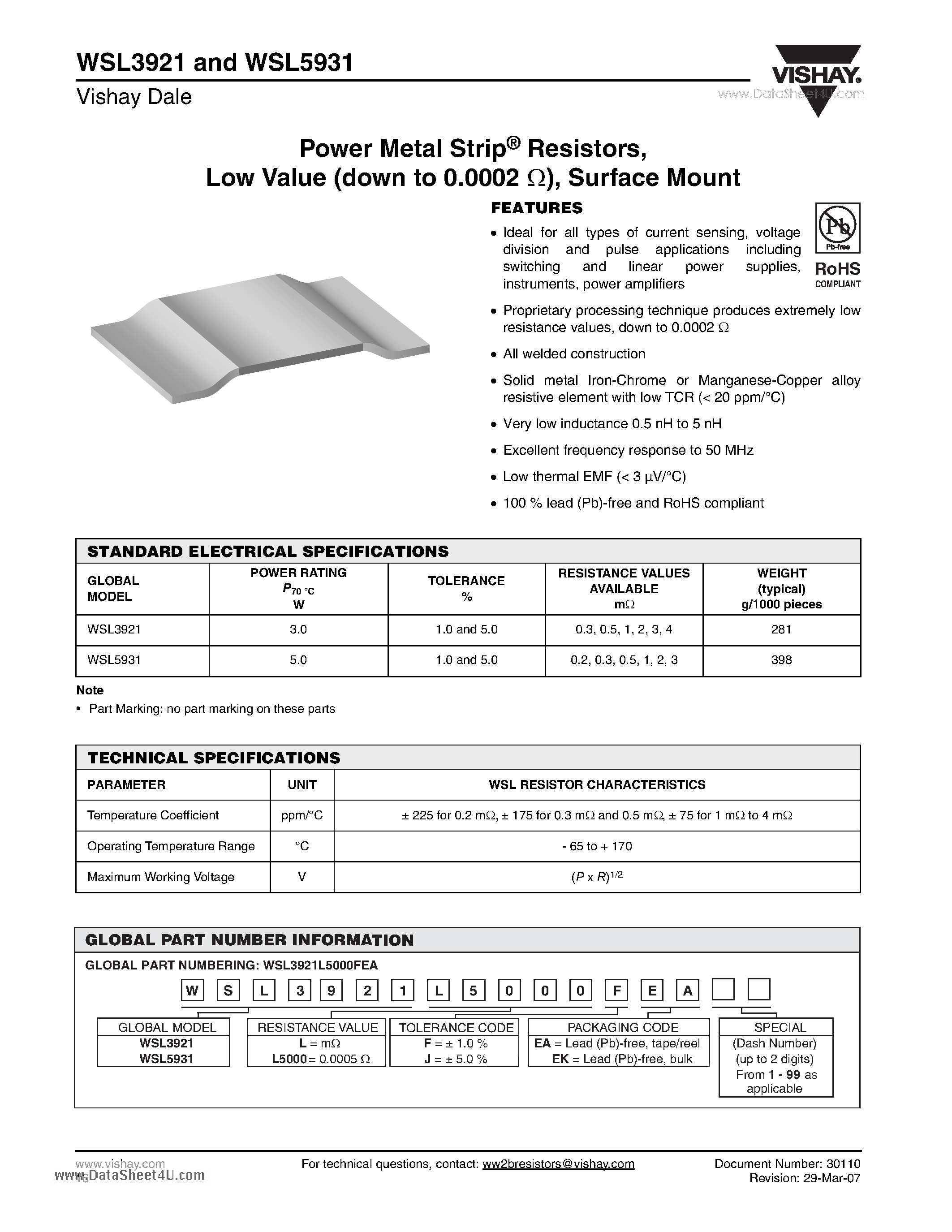 Даташит WSL3921 - Power Metal Strip Resistors Low Value (down to 0.0002 ) Surface Mount страница 1