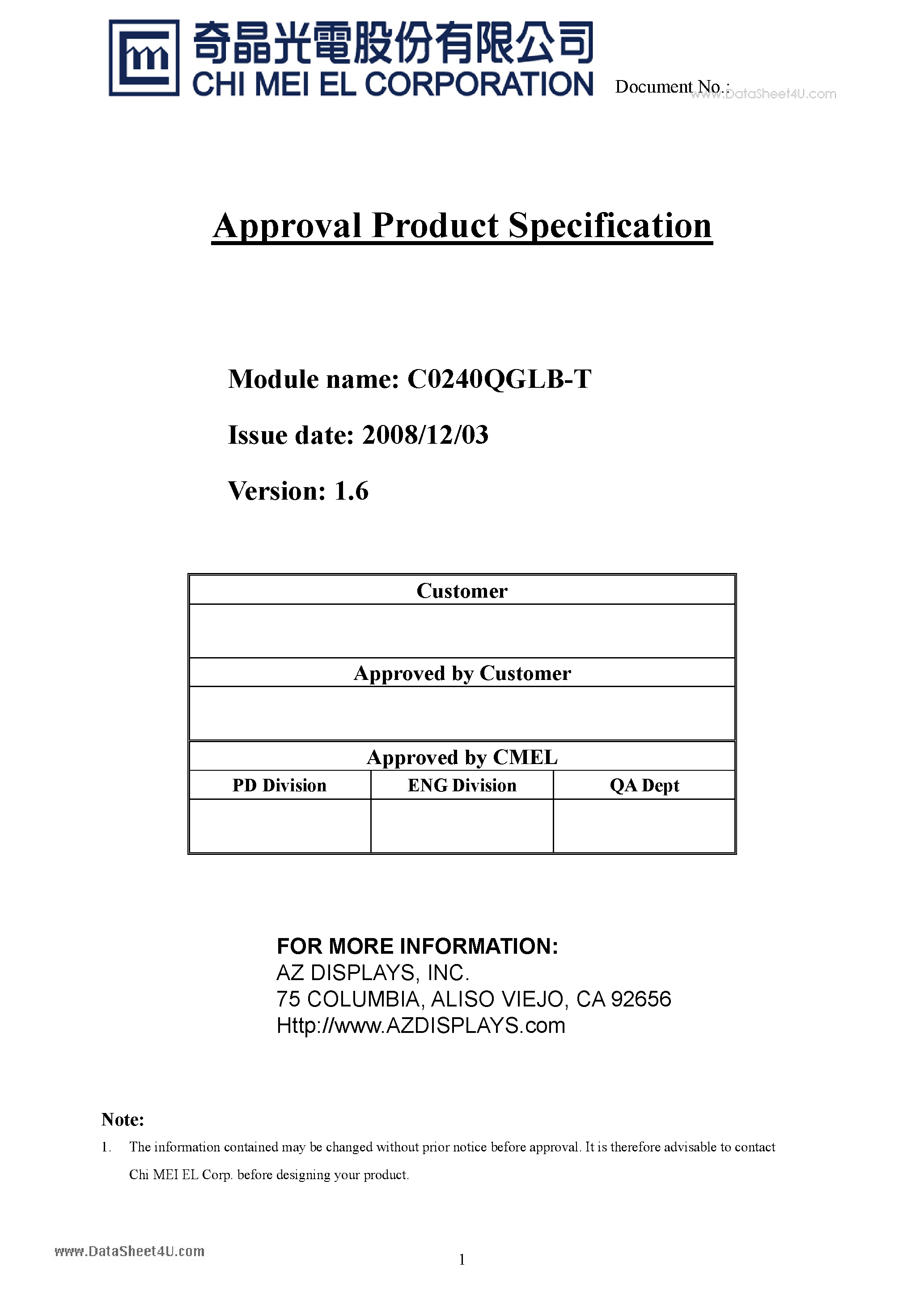 Даташит C0240QGLB-T - Approval Product Specification страница 1