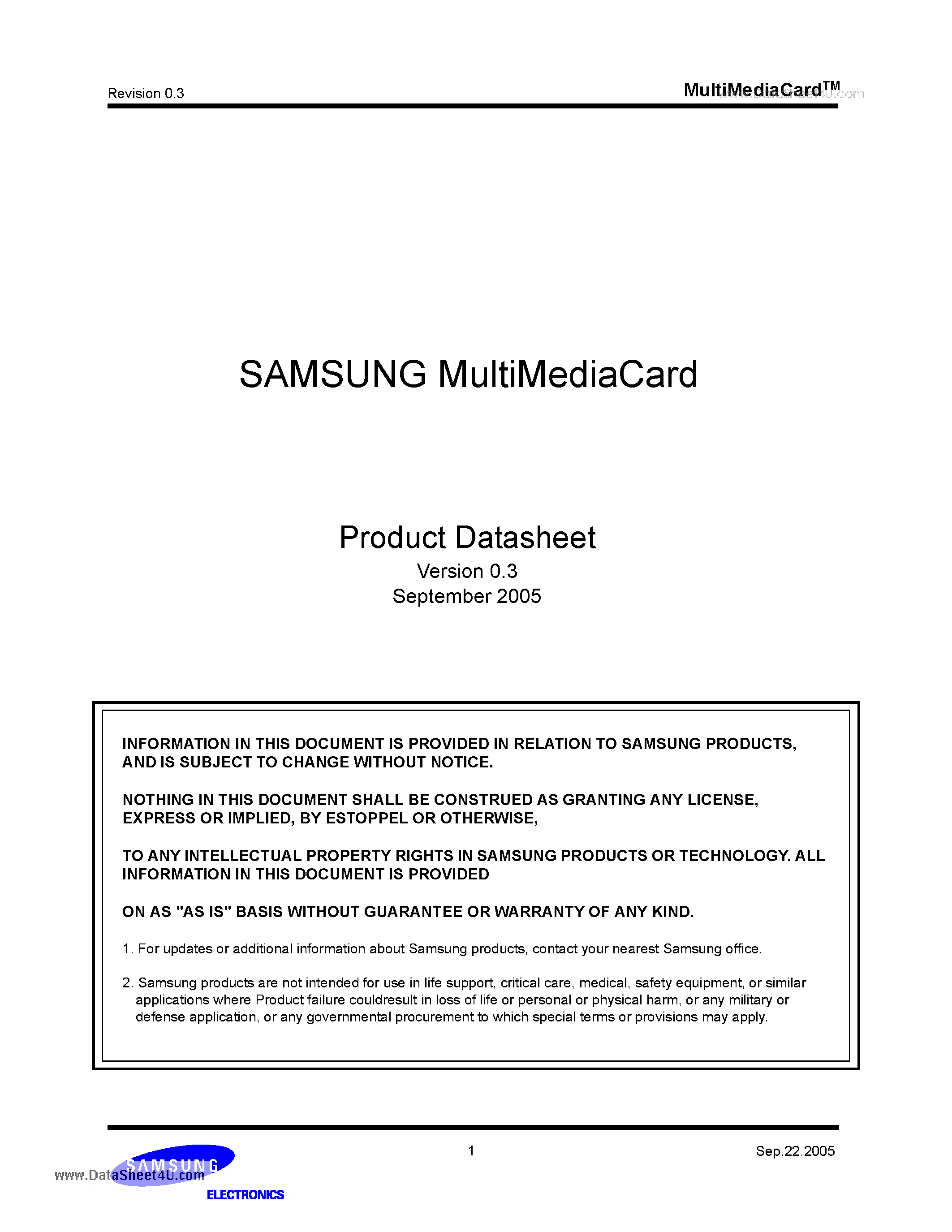 Datasheet MC2GH01GDMCA-2SA00 - MultiMediaCard page 1