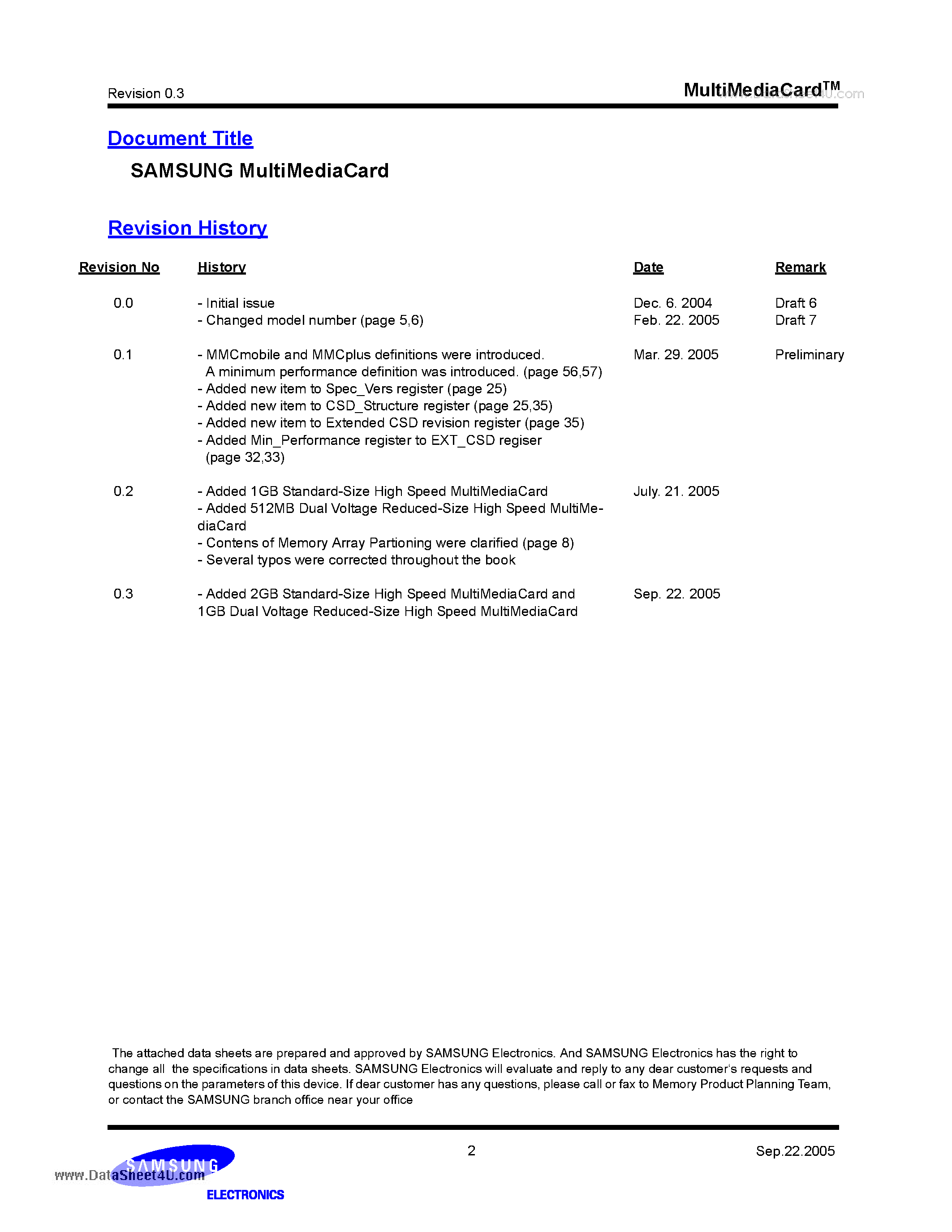 Datasheet MC2GH01GDMCA-2SA00 - MultiMediaCard page 2