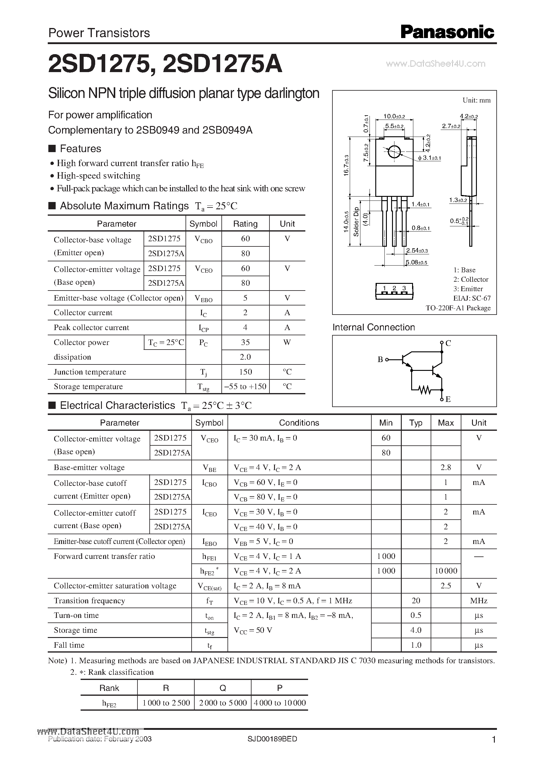 Даташит D1275A - Search -----> 2SD1275A страница 1